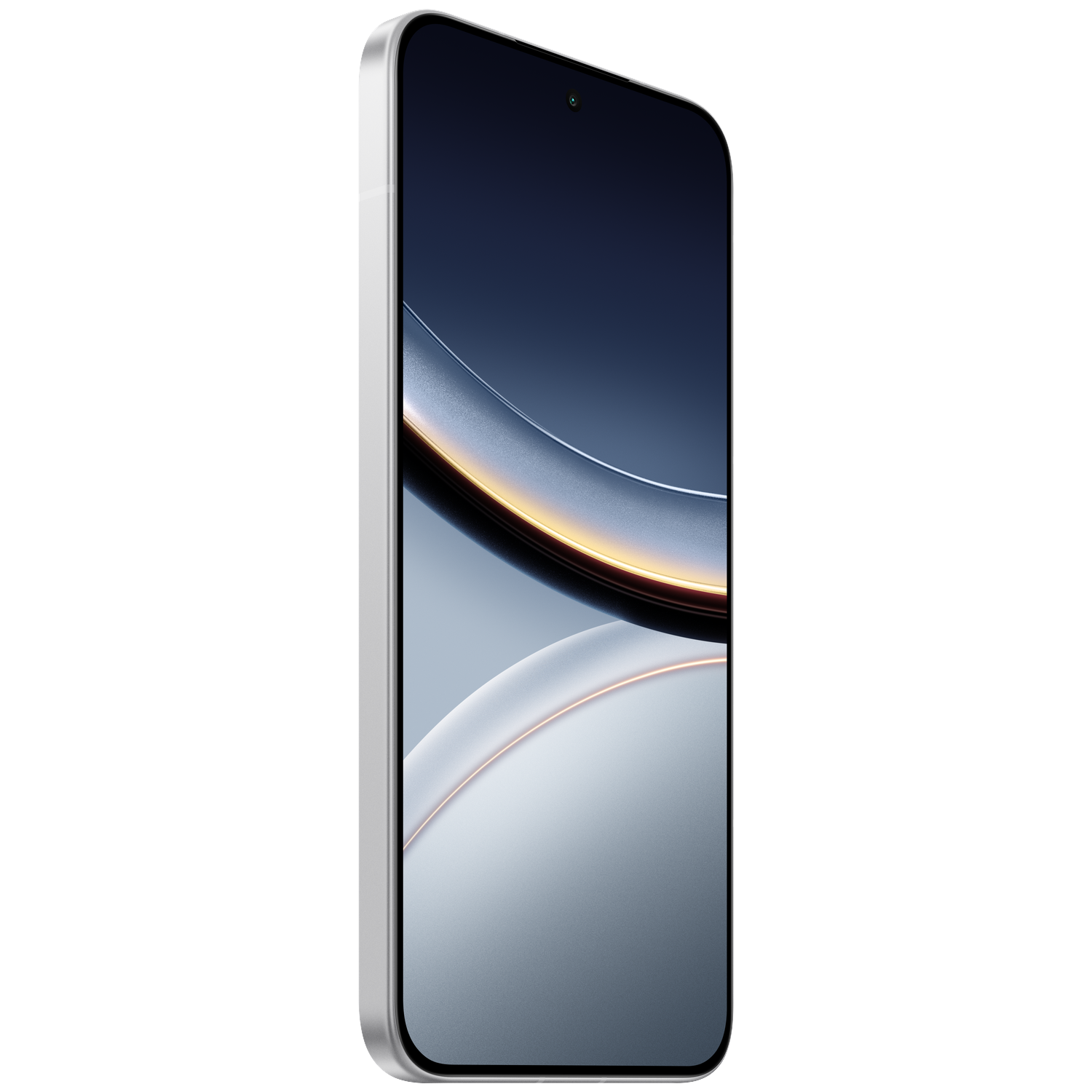 Een moderne smartphone met zilveren frame en donker scherm met abstracte graphics.