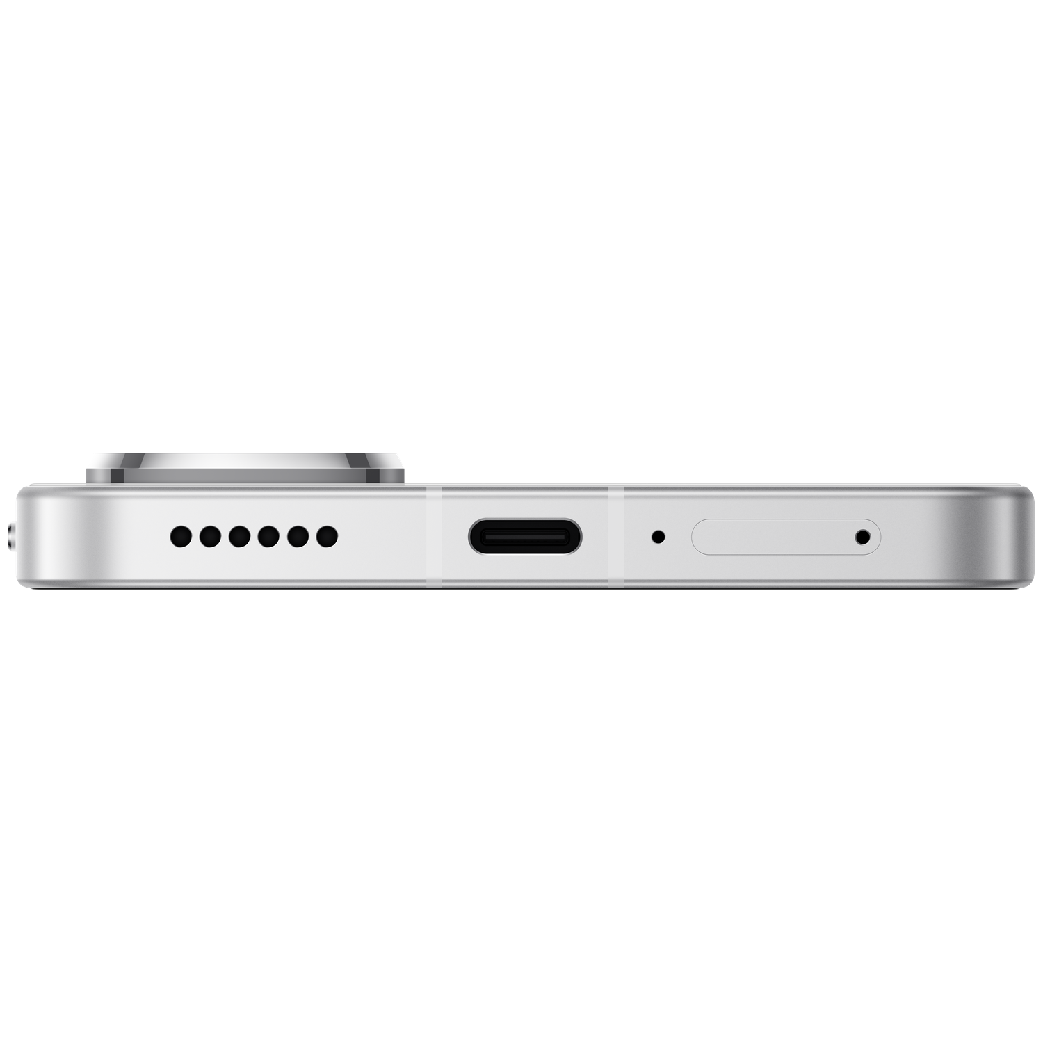 Close-up van een zilveren smartphone met USB-C poort en speakergrill.