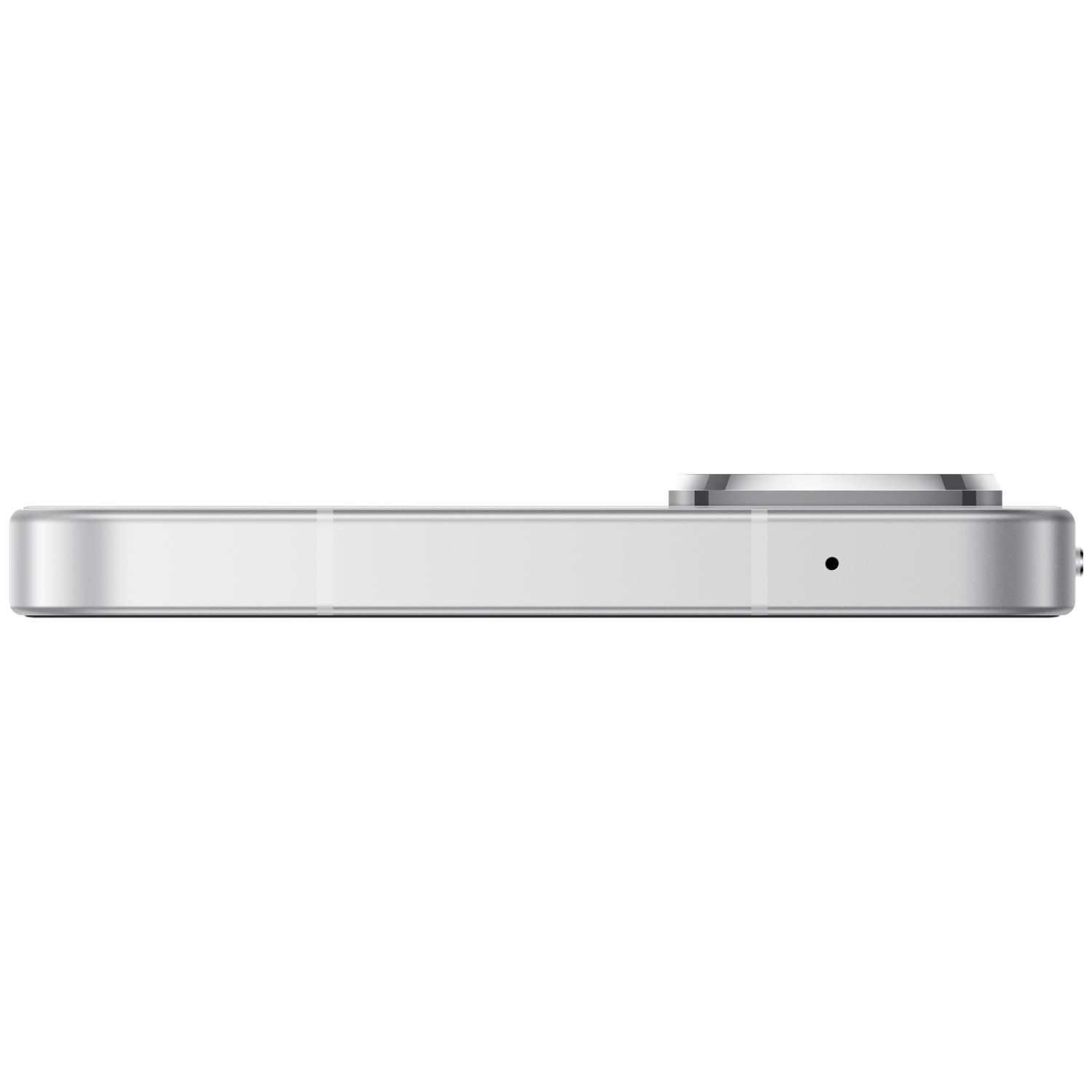 Close-up van de zilveren zijkant van een smartphone met een klein gaatje en lens.