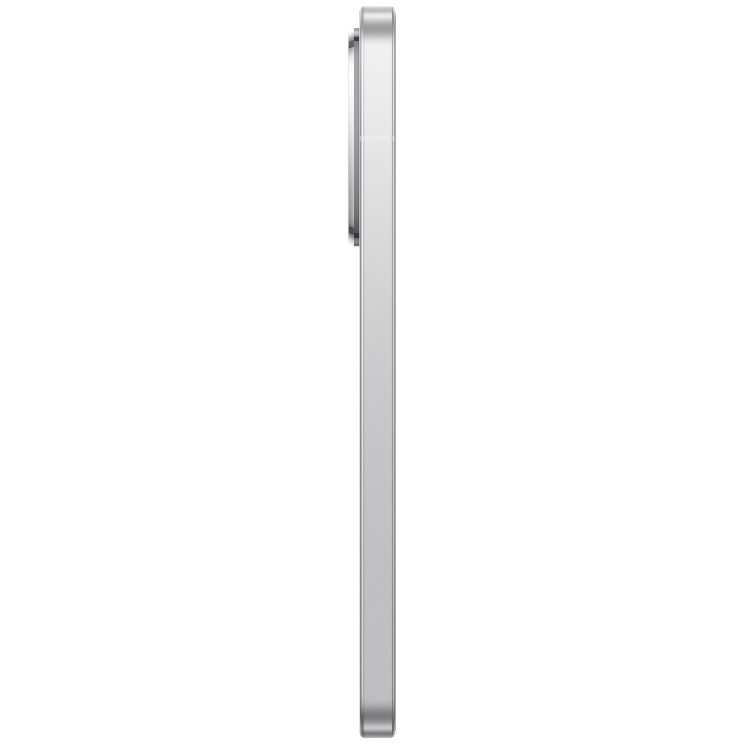 Zijaanzicht van een zilveren smartphone met camera op witte achtergrond.
