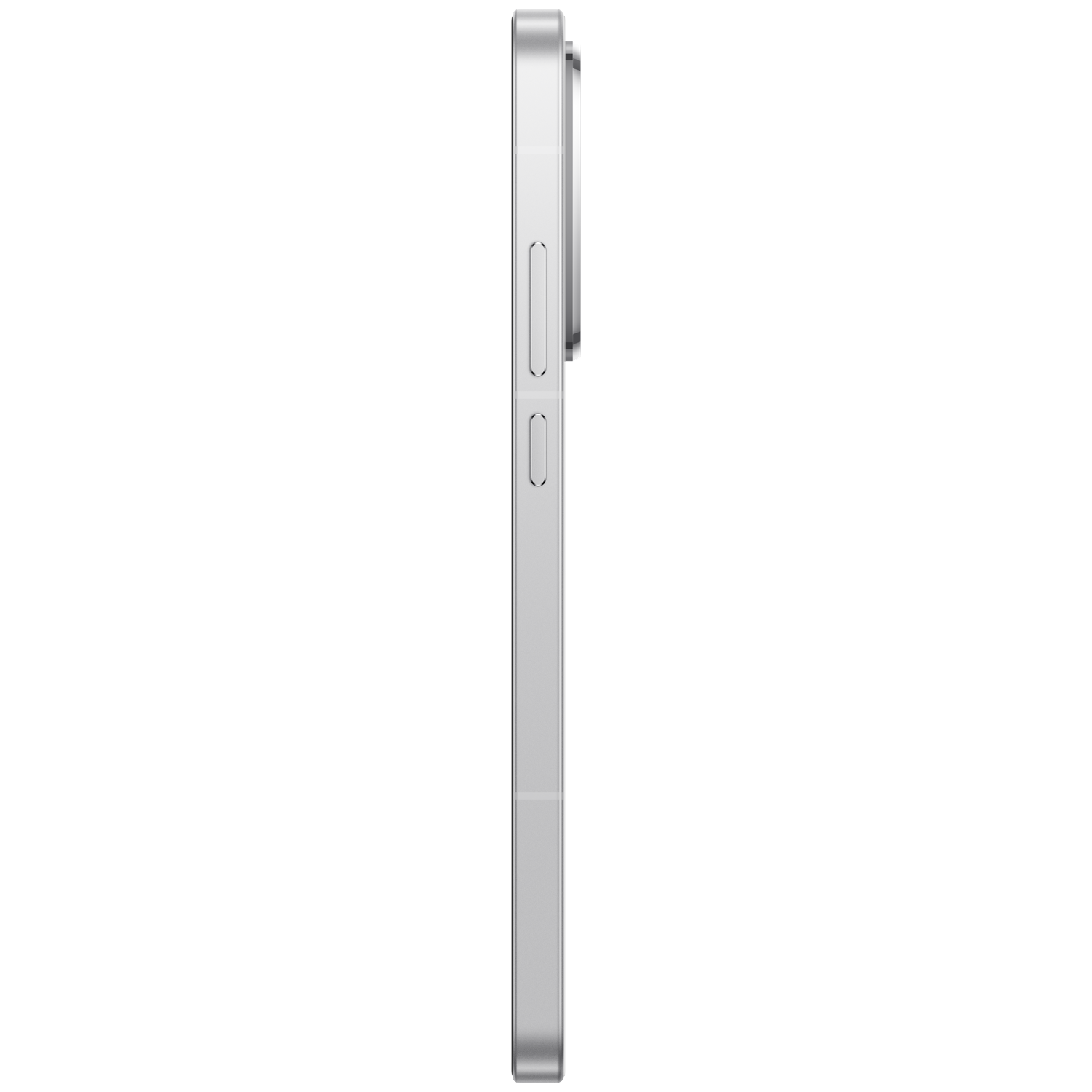 Zilveren smartphone van de zijkant met knoppen. Witte achtergrond.