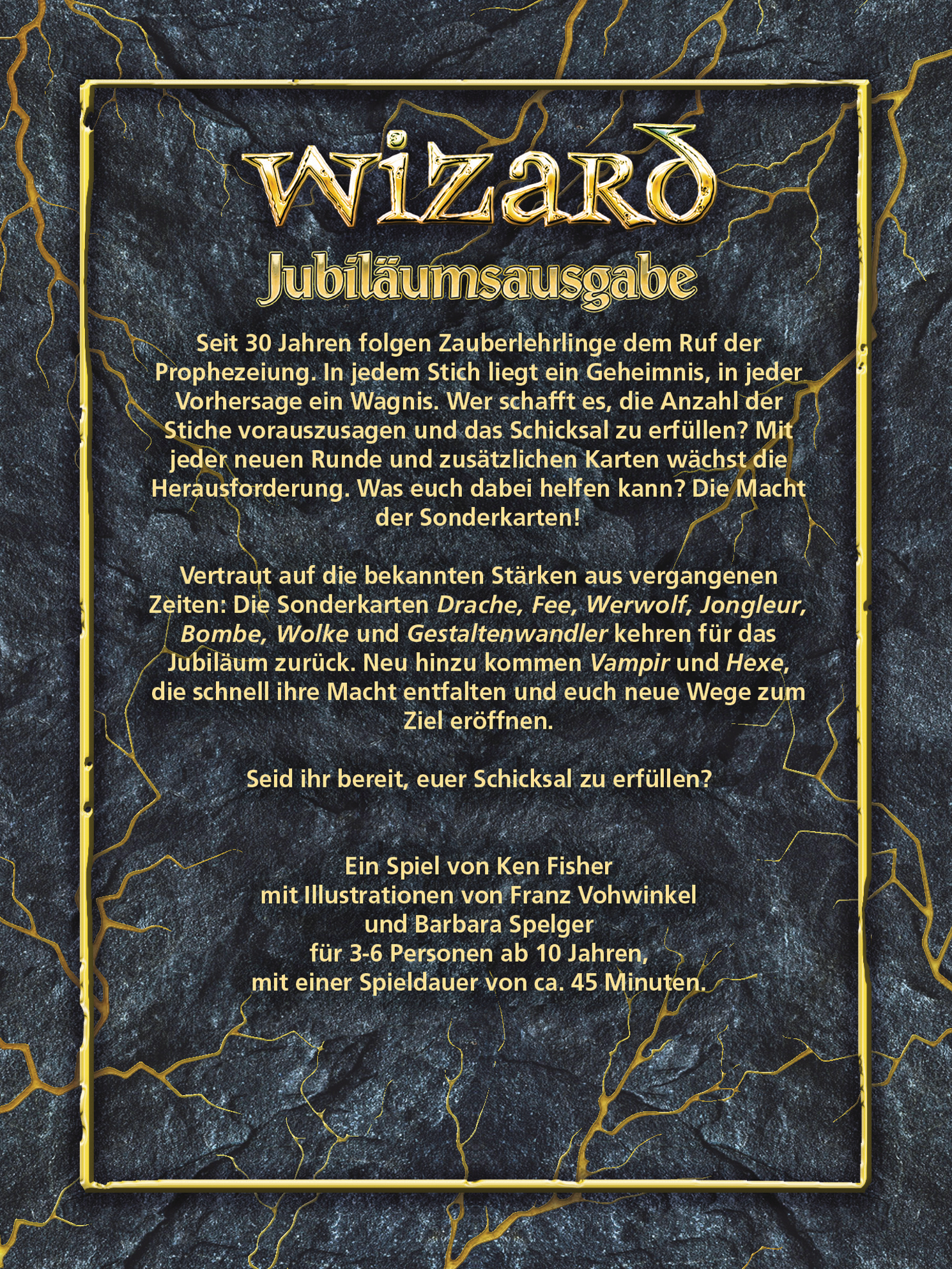 Spiel "Wizard Jubiläumsausgabe" mit goldenem Text auf dunklem, rissigem Hintergrund.