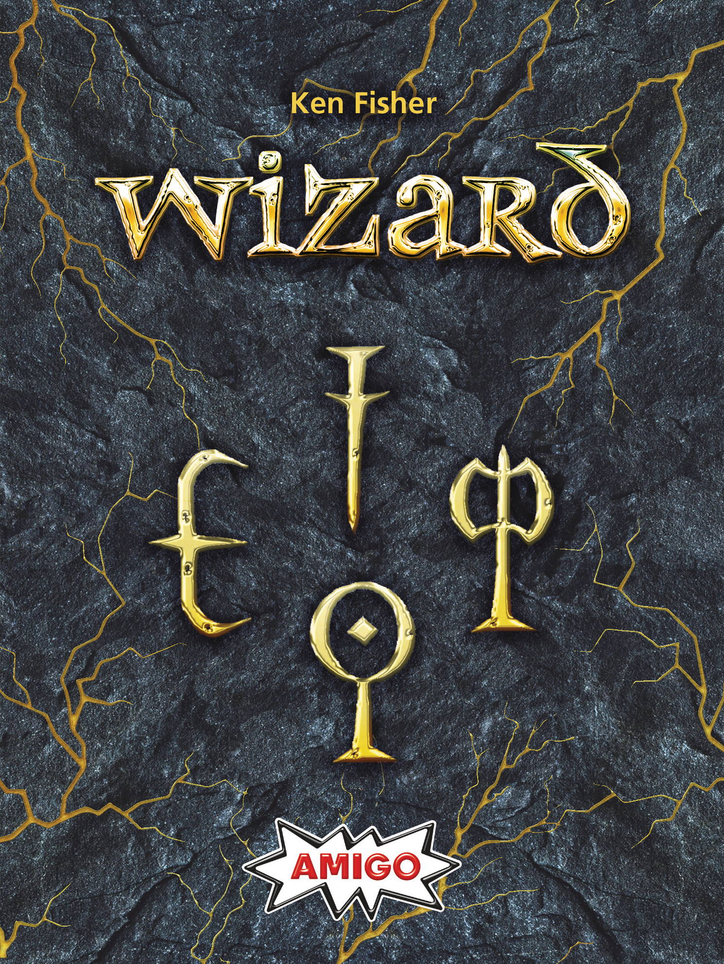 Goldene Symbole auf dunklem Stein mit goldenen Rissen. Titel: Wizard.