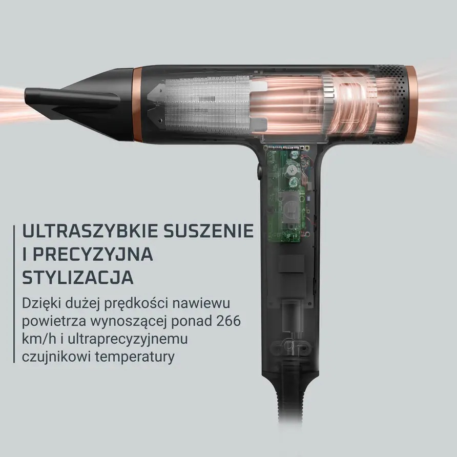 Przekrój suszarki do włosów pokazujący wewnętrzne komponenty i przepływ powietrza.