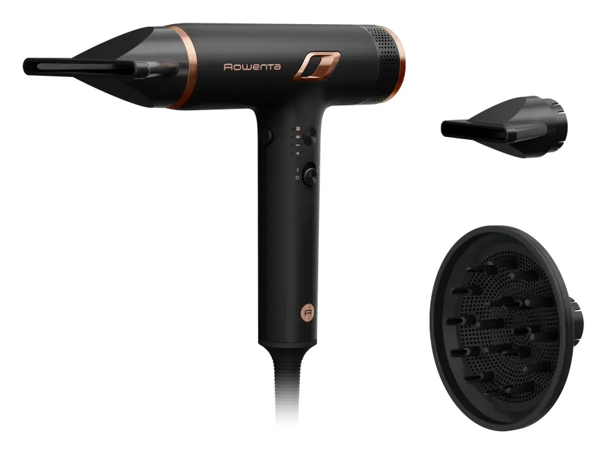 Czarna suszarka do włosów z nasadkami i akcentami w kolorze różowego złota.