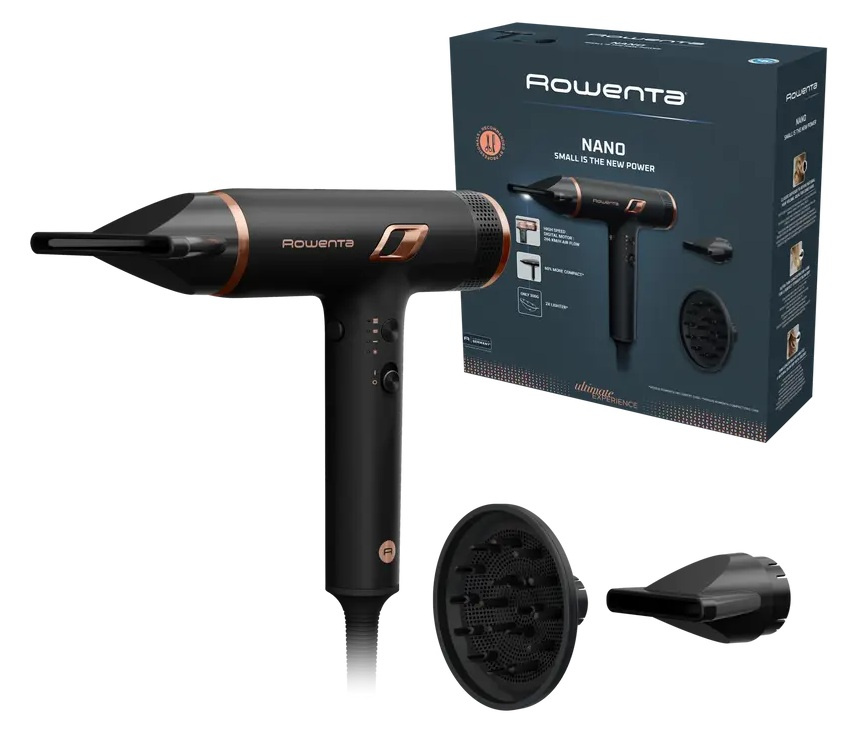 Czarna suszarka Rowenta z nasadkami i pudełkiem.