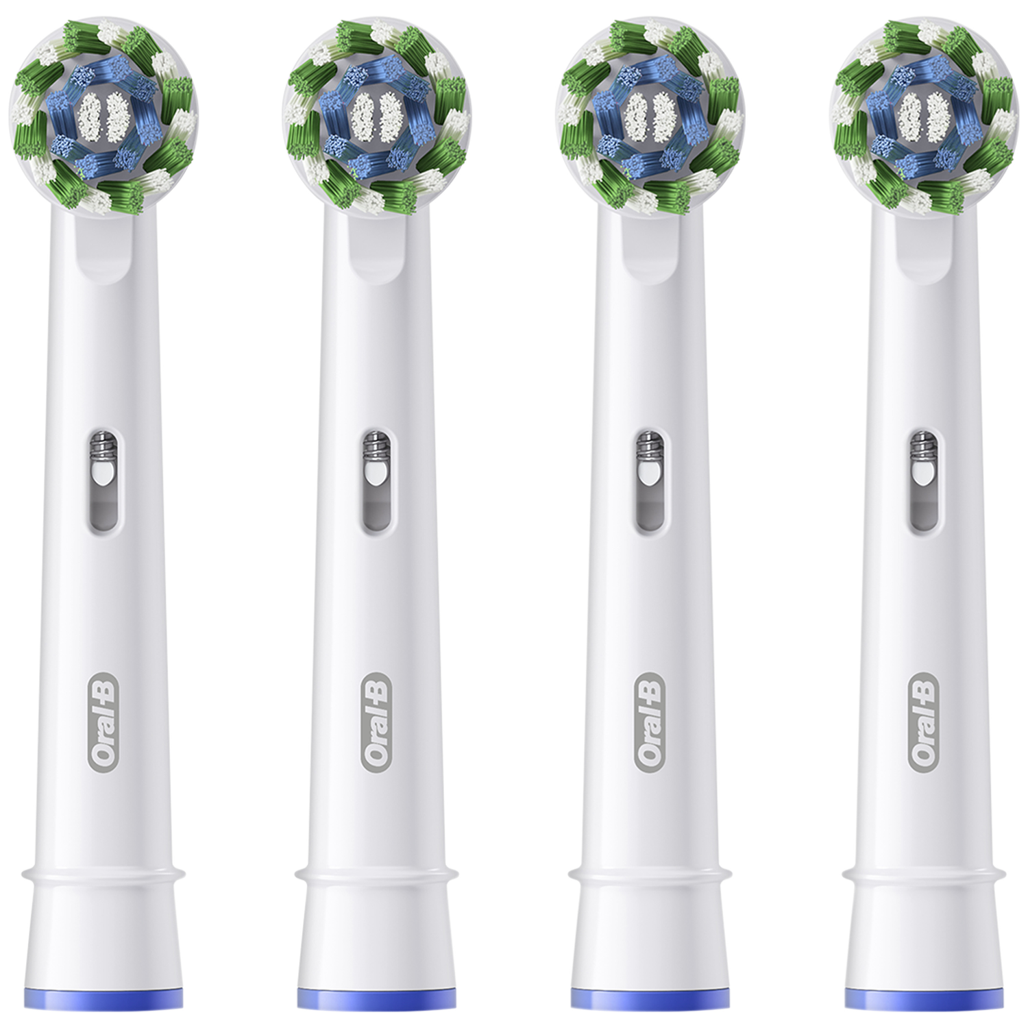 Four white Oral-B toothbrush heads with blue, green, and white bristles.