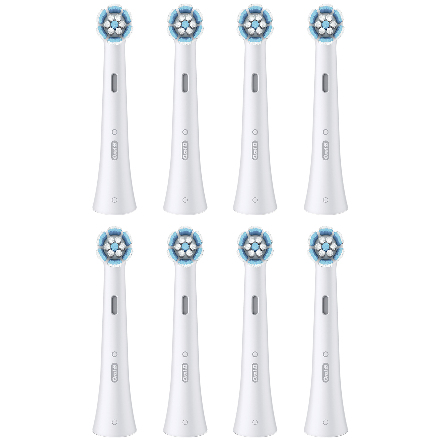 Eight white Oral-B toothbrush heads with blue bristles, arranged in two rows.