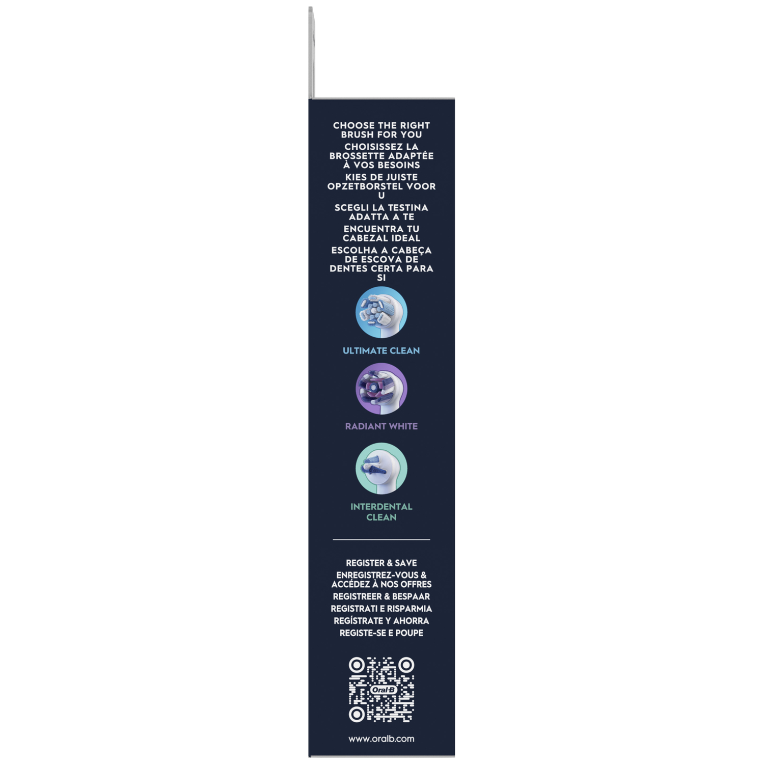 Product packaging with text and icons for toothbrush heads: Ultimate, Radiant, Interdental.
