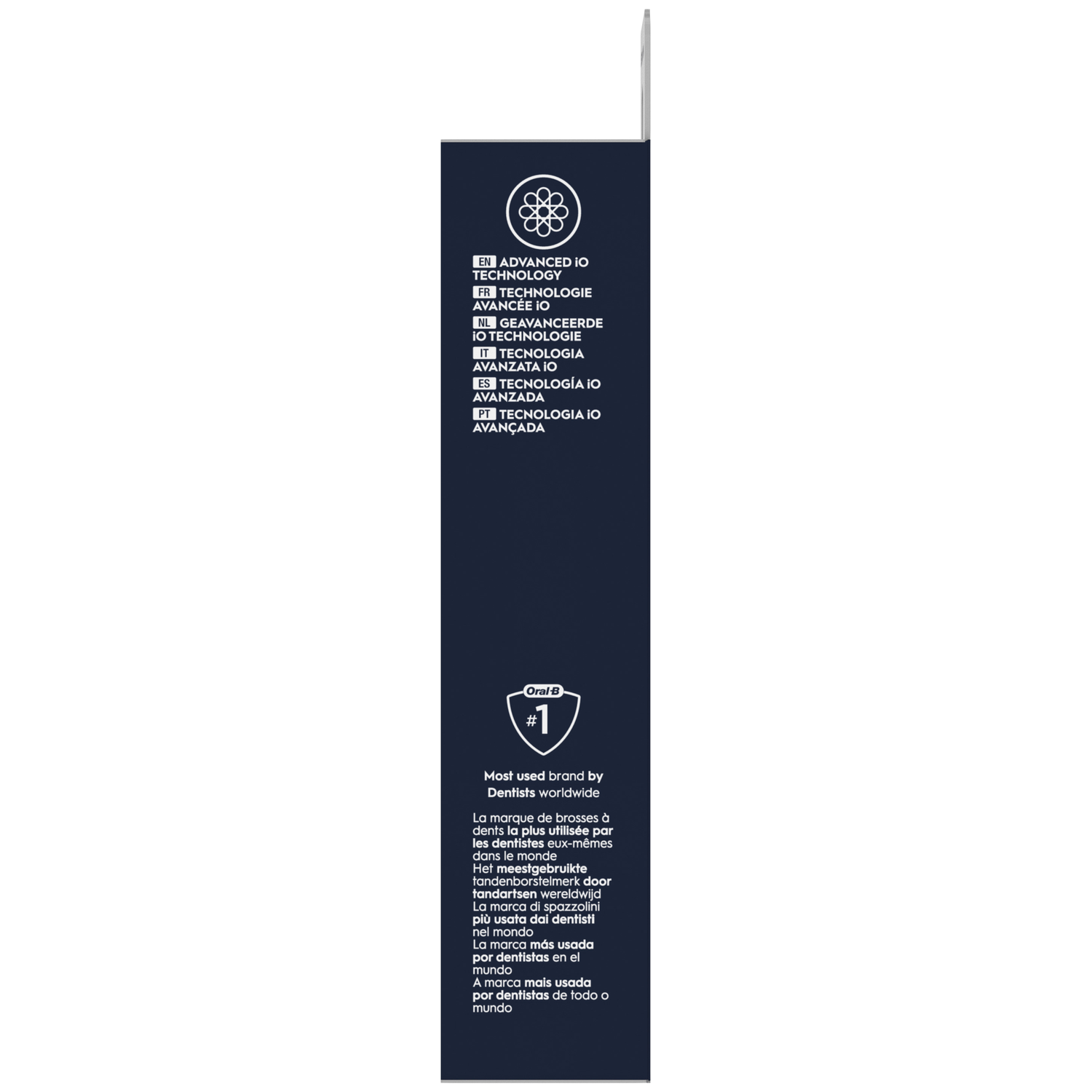 Packaging with "Advanced iO Technology" and "Oral-B #1" in multiple languages.
