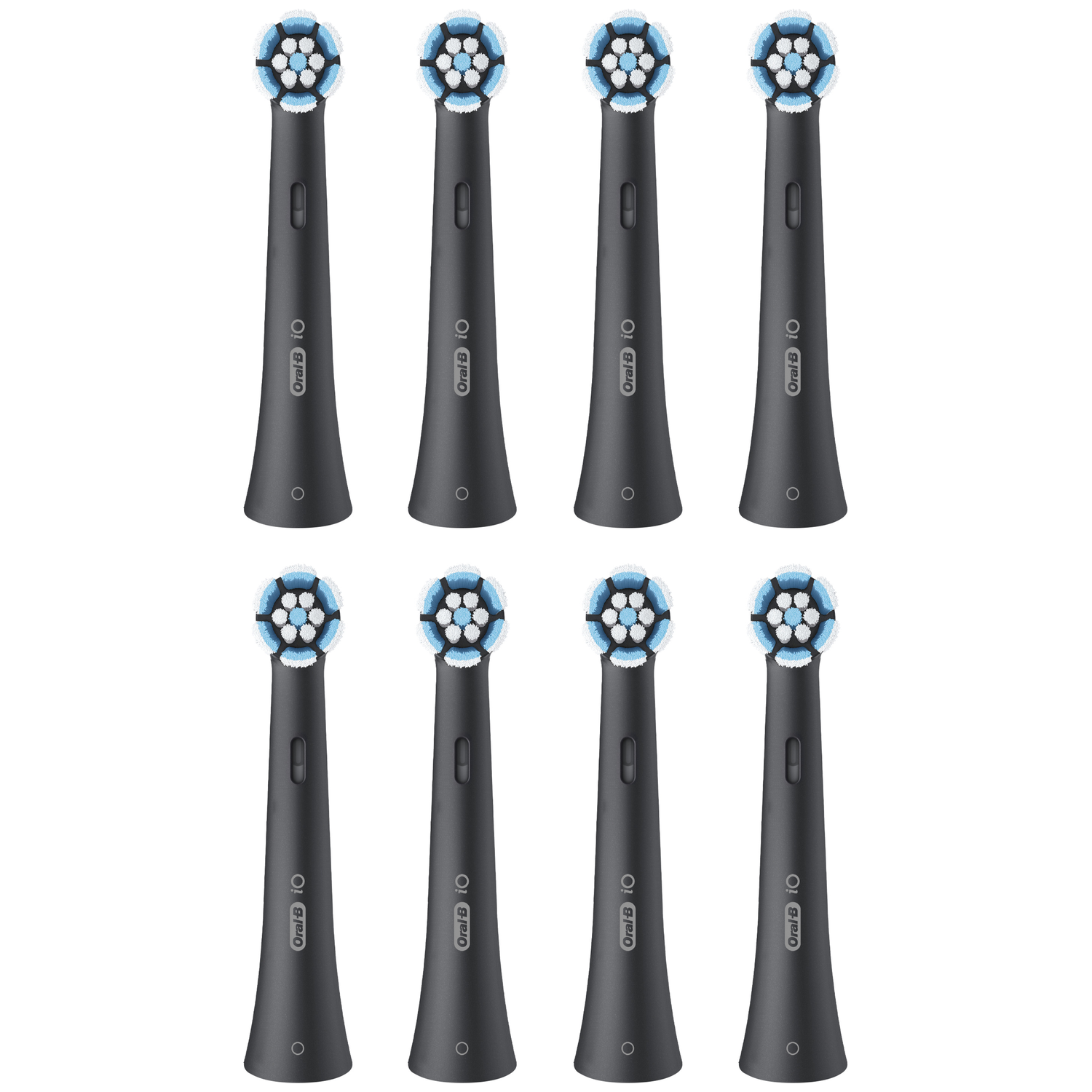 Eight black toothbrush heads with blue and white bristles.