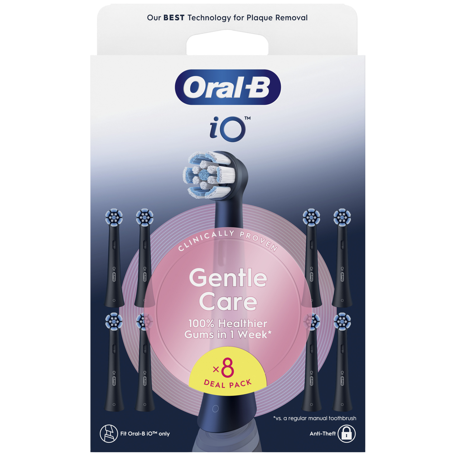 Oral-B iO Gentle Care brush heads, pack of 8. Clinically proven.