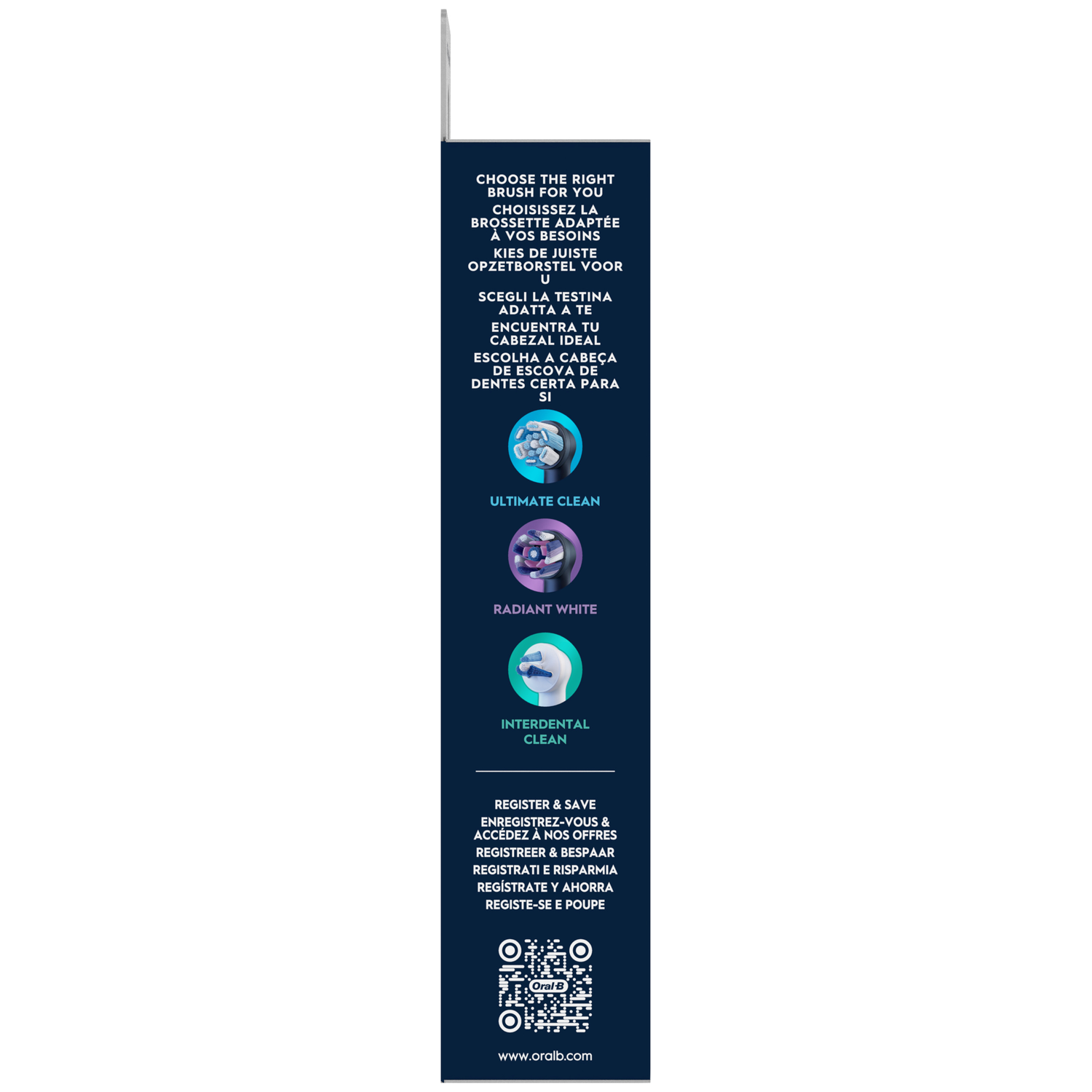 Oral-B packaging lists brush head options: Ultimate Clean, Radiant White, Interdental Clean.