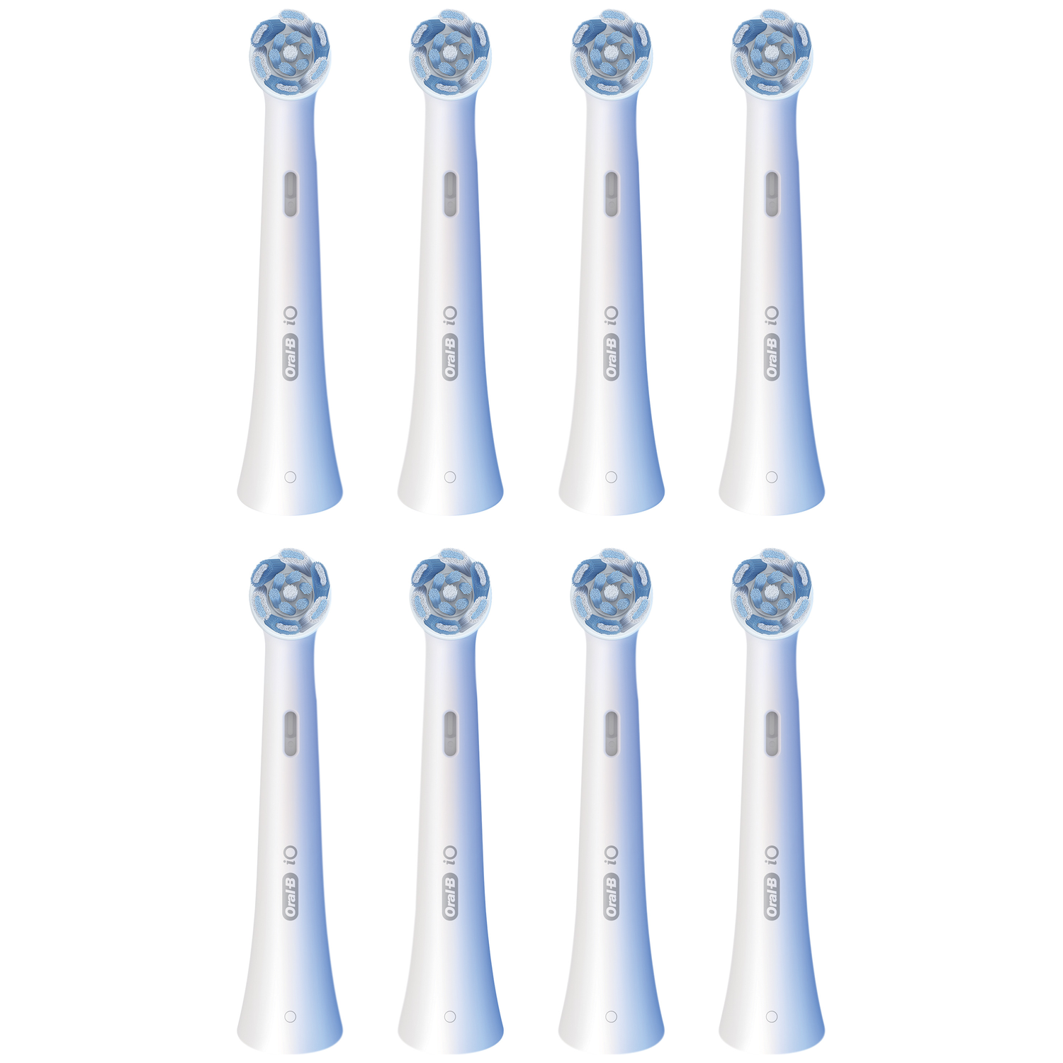 Eight white Oral-B iO toothbrush heads with blue bristles, arranged side-by-side.