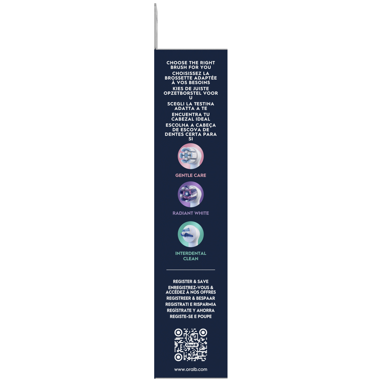 Packaging with text about choosing the right toothbrush, cleaning modes, and registration.