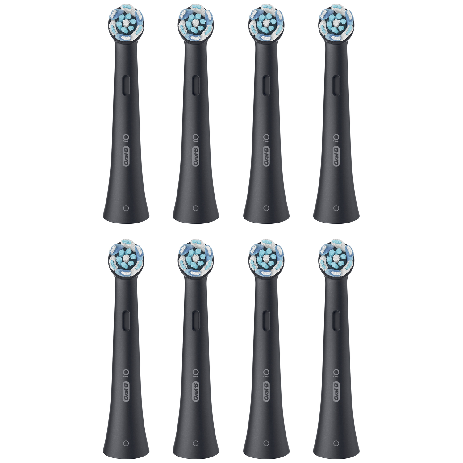Eight black electric toothbrush heads with blue and white bristles, side by side.
