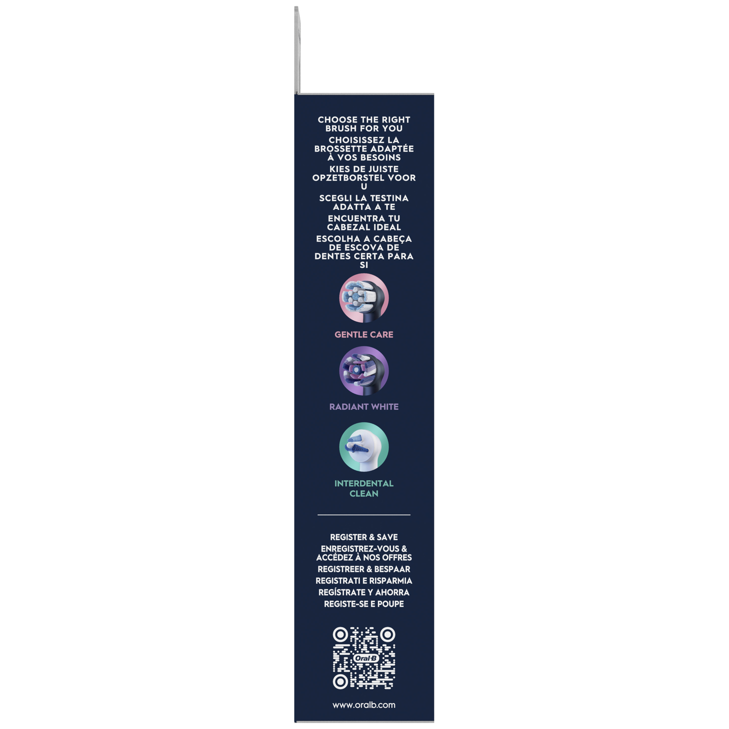 Oral-B packaging with brush head options: Gentle Care, Radiant White, Interdental Clean.
