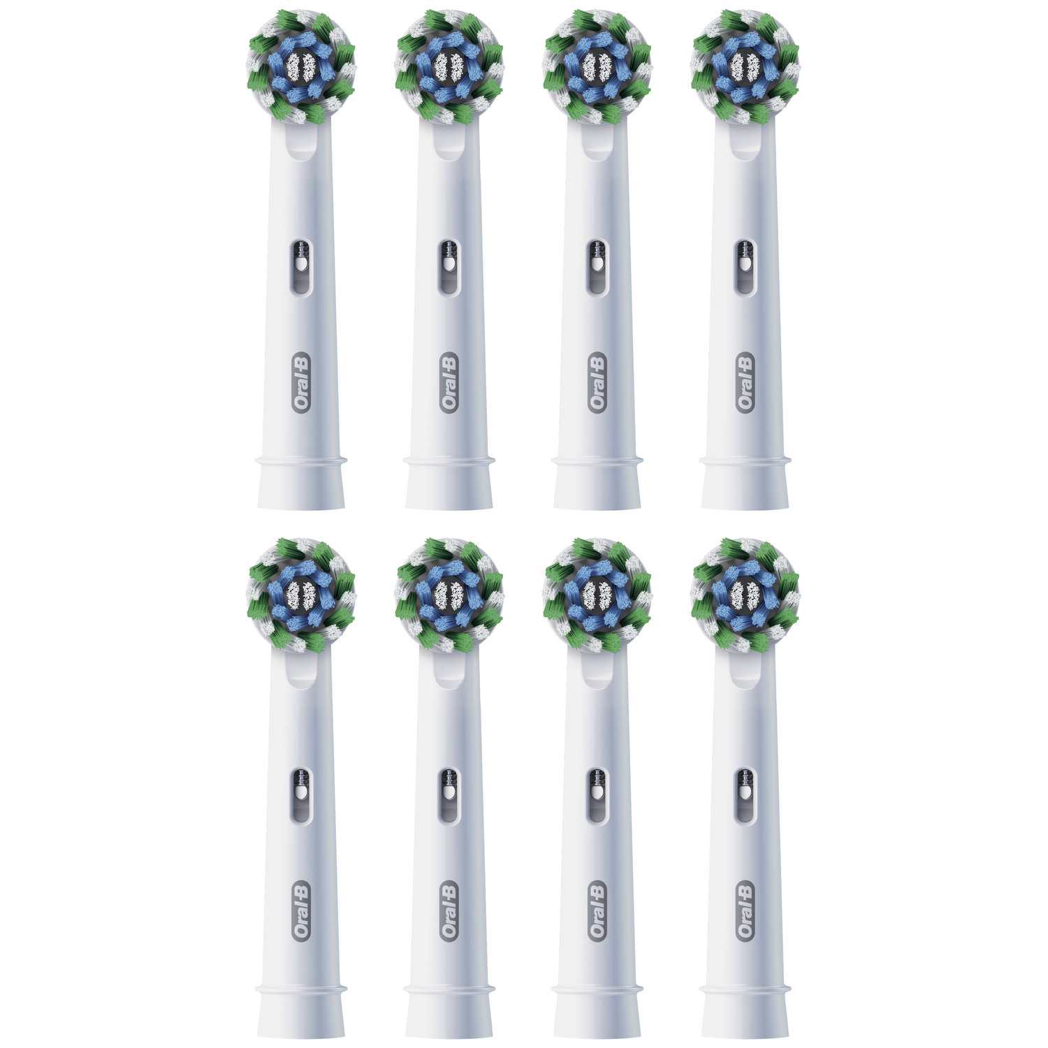Eight white Oral-B toothbrush heads with blue and green bristles, side by side.
