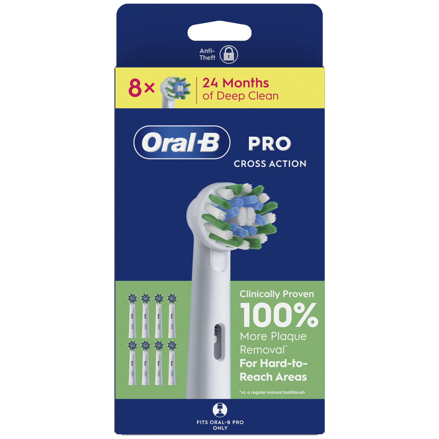 Oral-B PRO Cross Action toothbrush head box with 8 heads, 24 months of deep clean.