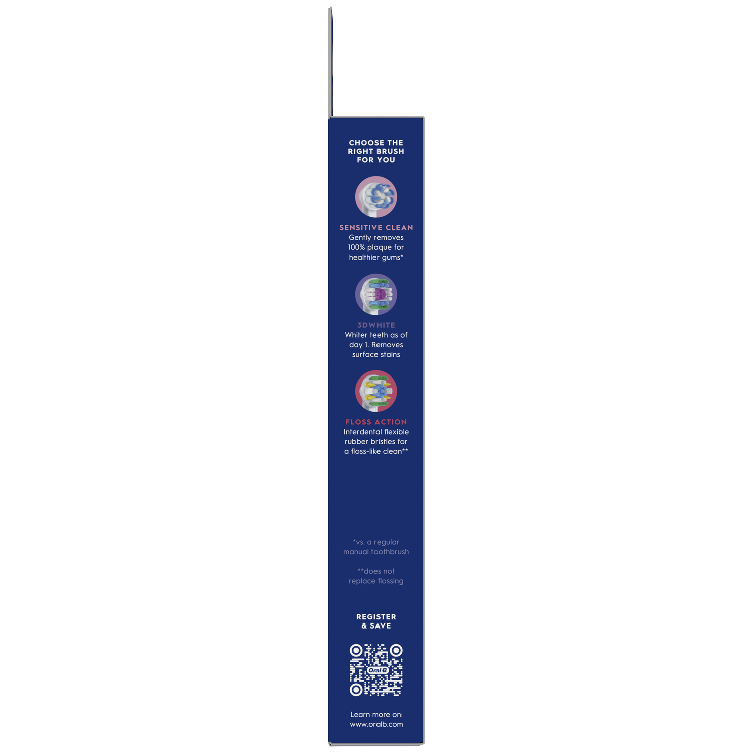 Oral-B brush features: Sensitive Clean, 3D White, Floss Action. QR code & website.