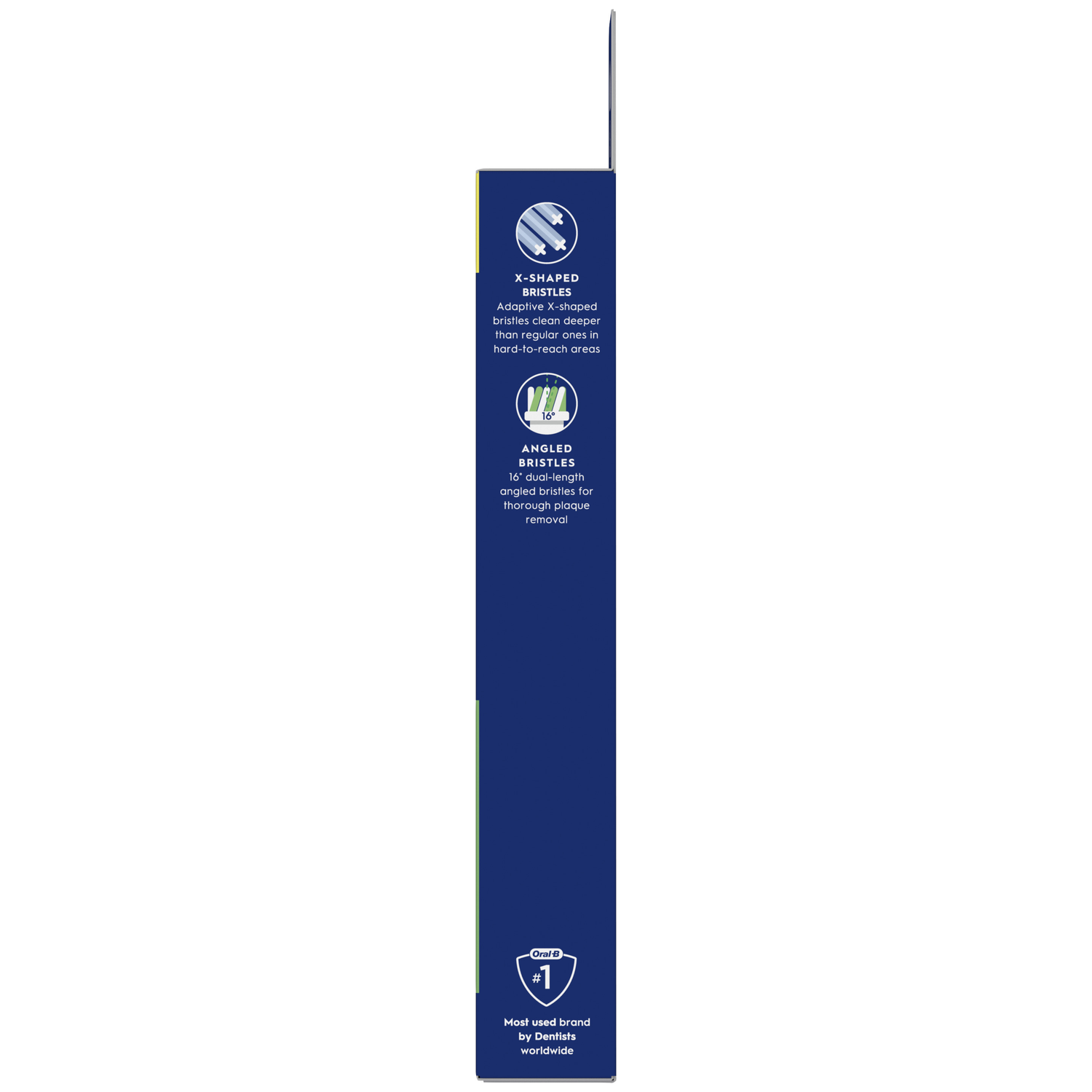 Packaging with images of bristles and text about Oral-B toothbrushes.
