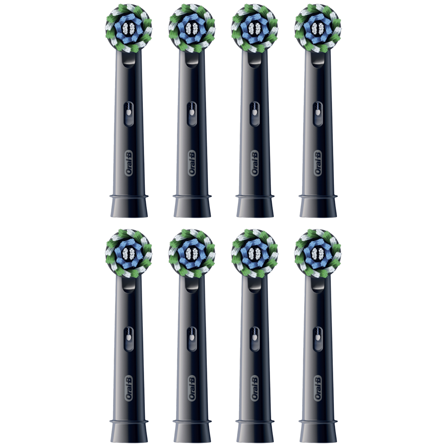 Eight black toothbrush heads with blue, white, and green bristles.