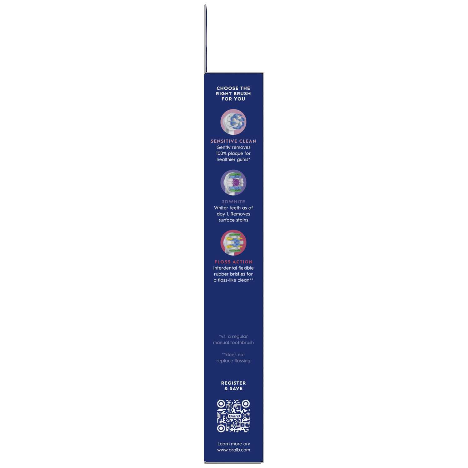 Oral-B toothbrush packaging showing Sensitive Clean, 3D White, and Floss Action options.