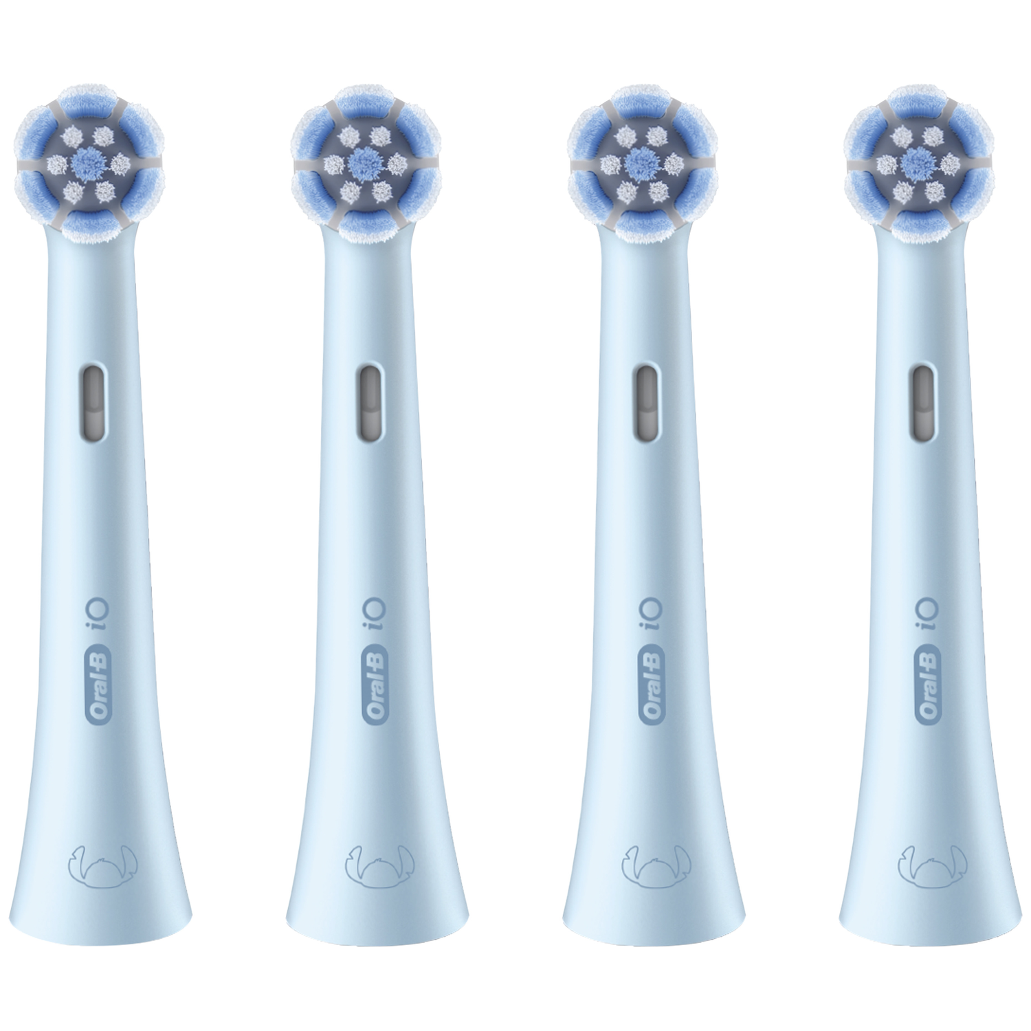 Four light blue Oral-B iO toothbrush heads with Stitch design.