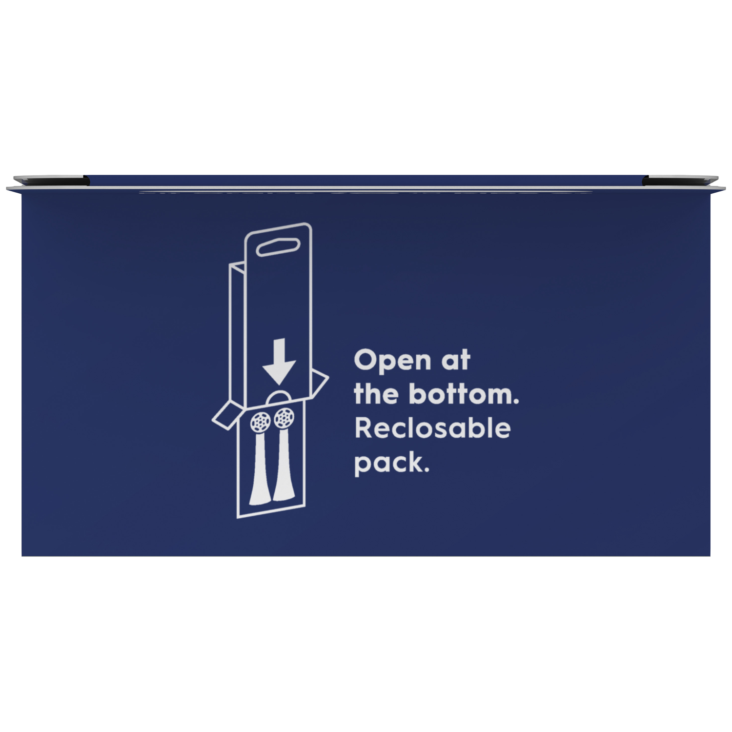 Blue box with white graphic showing toothbrush heads and opening instructions.