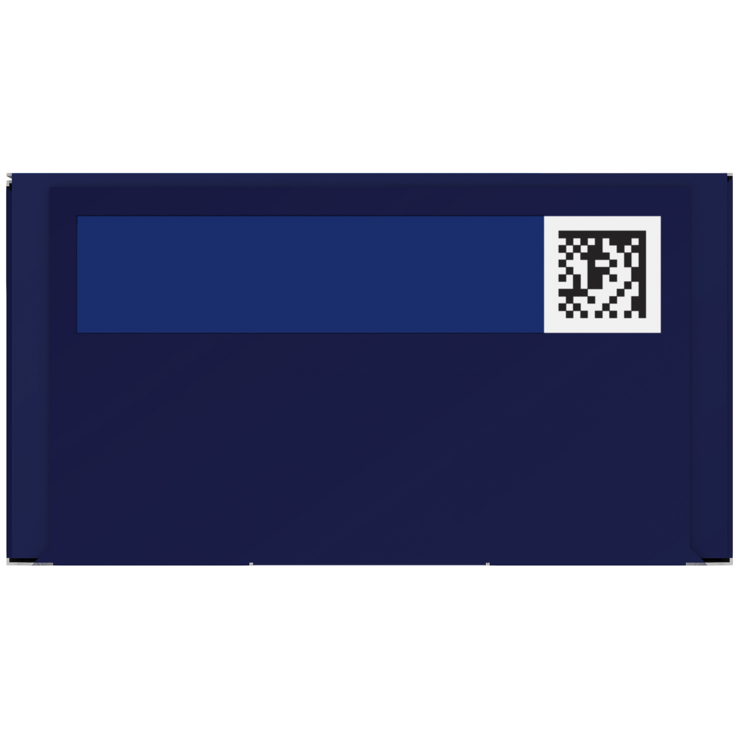 Dark blue packaging with a white box and a QR code.