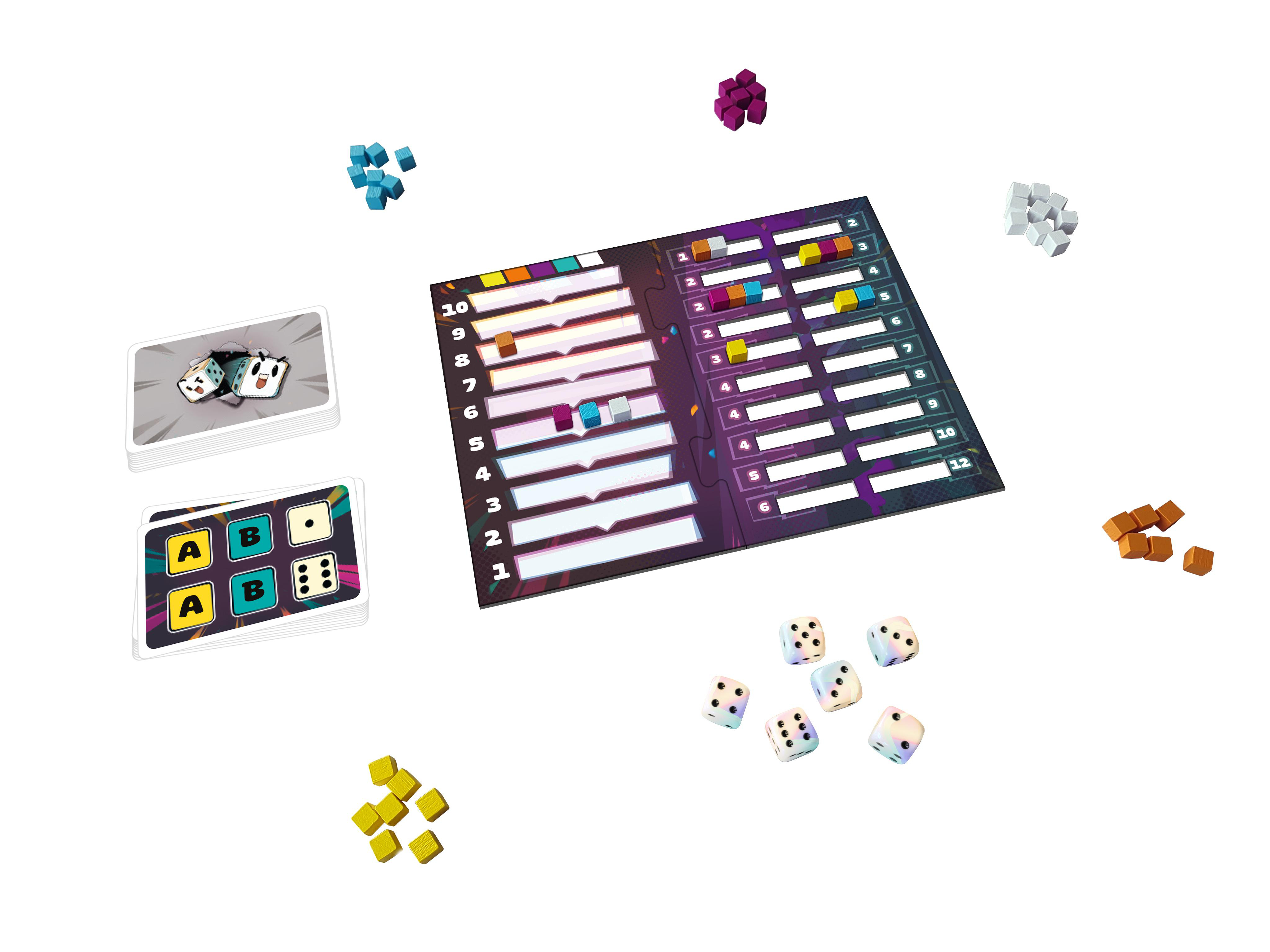 Spielbrett mit Würfeln, Karten und Holzsteinen in verschiedenen Farben.