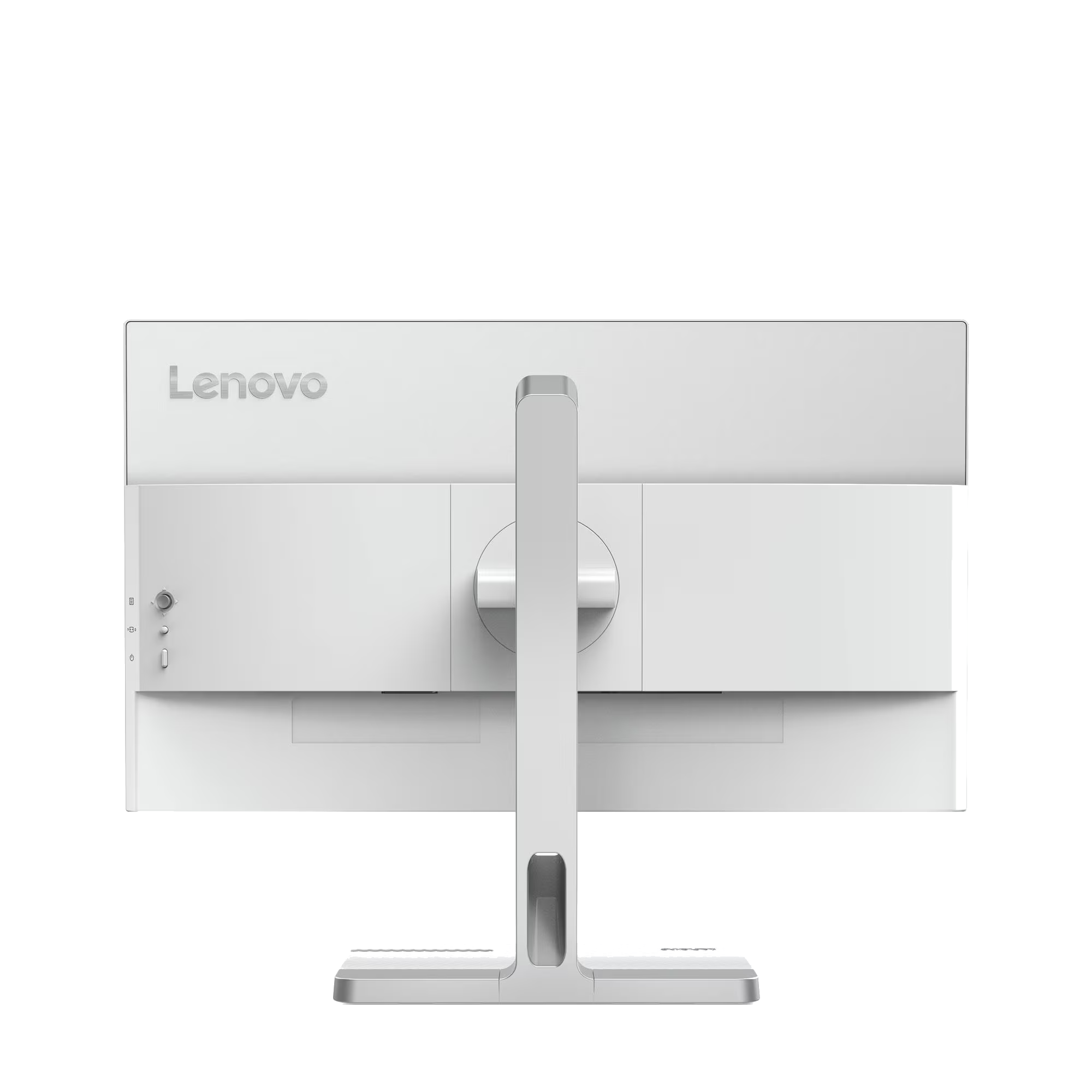 Vista trasera de un monitor Lenovo blanco con soporte plateado.