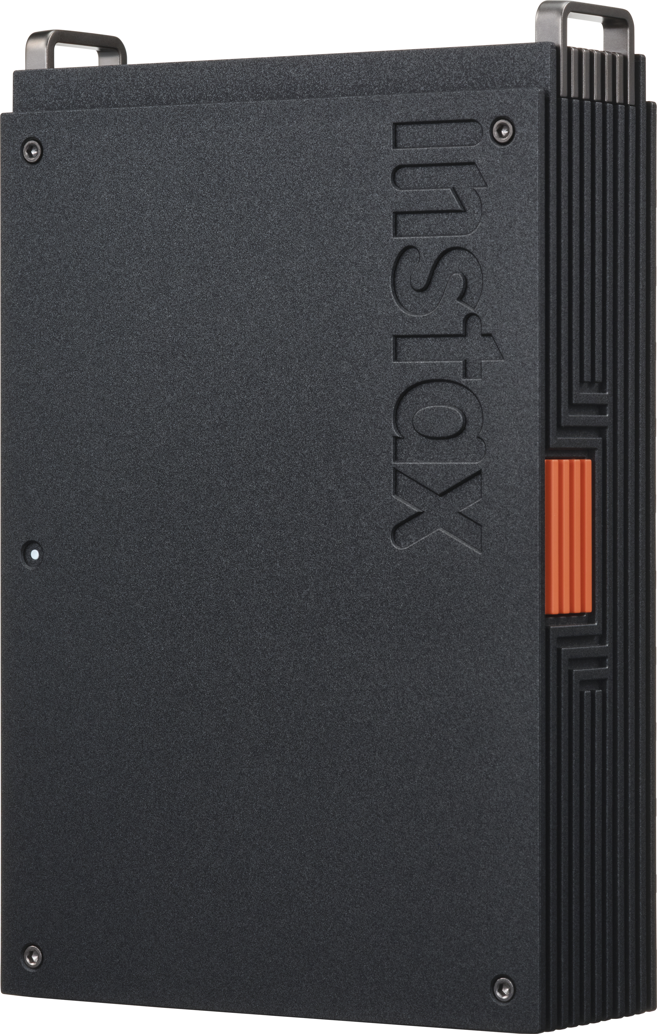 Schwarzes Gerät mit seitlichen Lüftungsschlitzen und orangem Knopf.