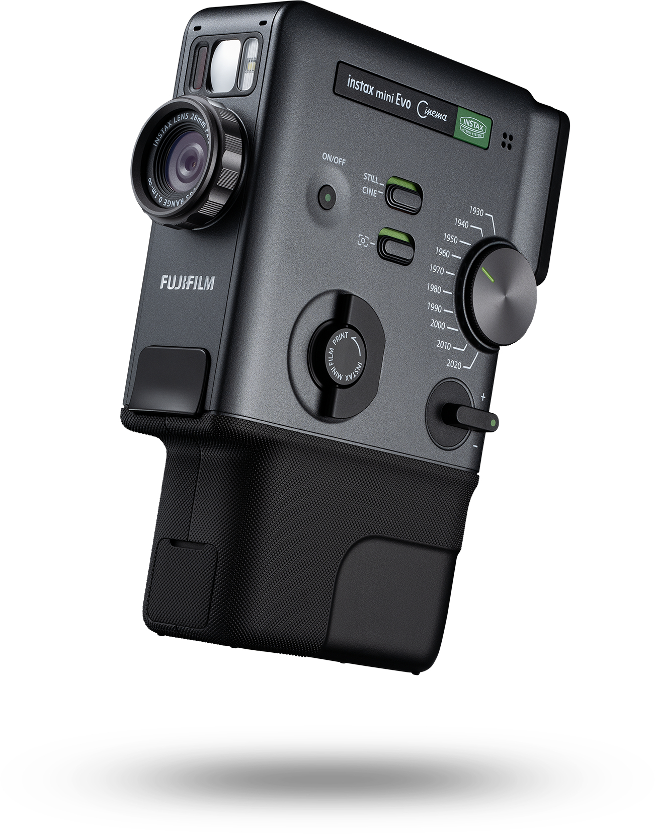 Graue Fujifilm Instax Mini Evo Kamera mit schwarzem Griff.