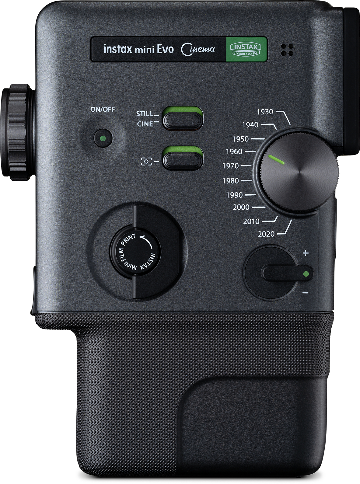 Schwarze Kamera mit Drehregler, Schaltern und Display. Beschriftung: instax mini Evo Cinema.