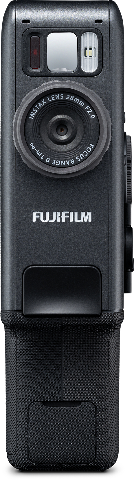 Eine schwarze Fujifilm Instax Kamera mit Objektiv, Blitz und Griff.