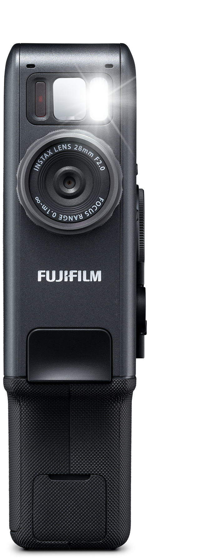 Graue Fujifilm Kamera mit Objektiv, Blitz und Griff.