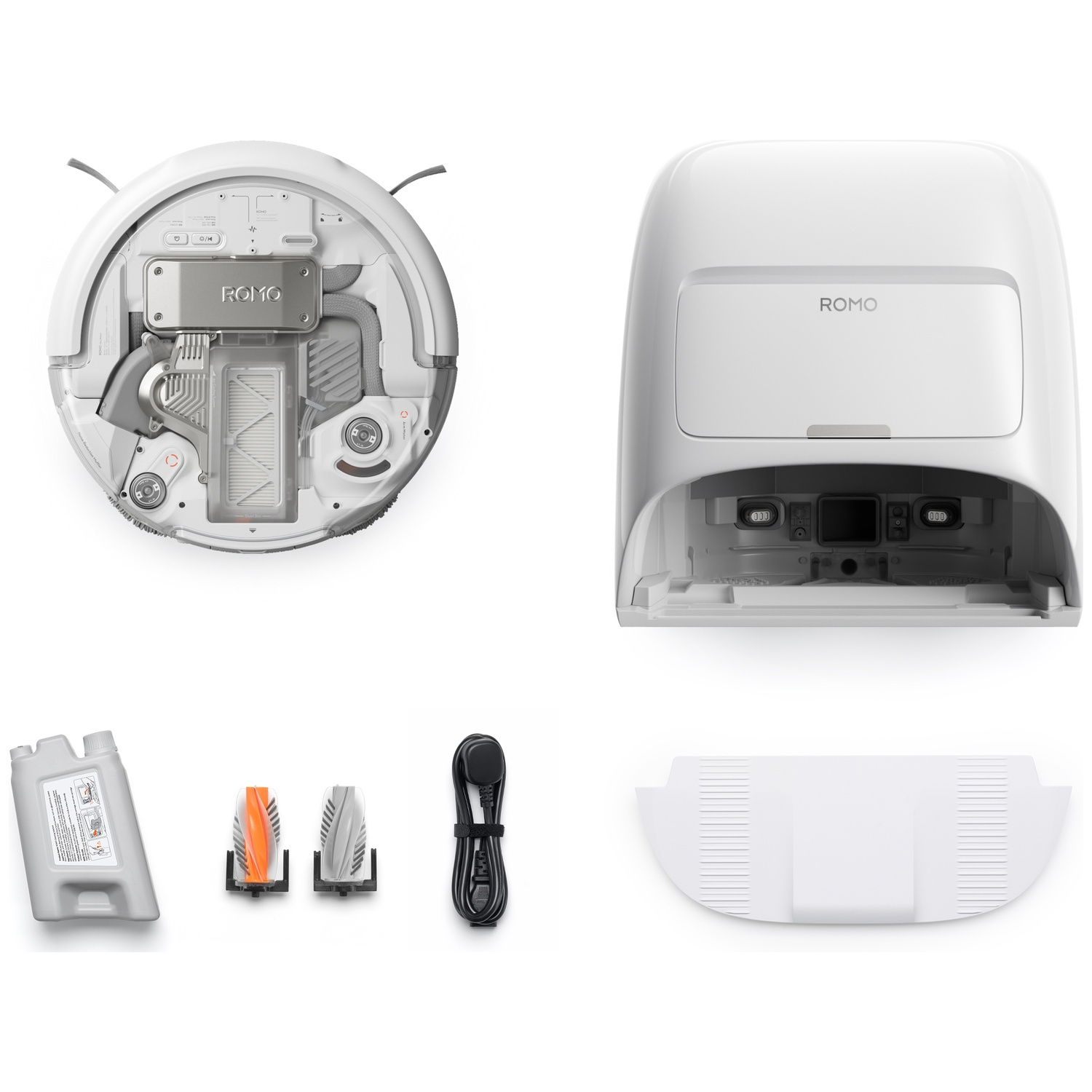 Un aspirateur robot blanc avec accessoires : station de charge, brosses, câble et solution nettoyante.