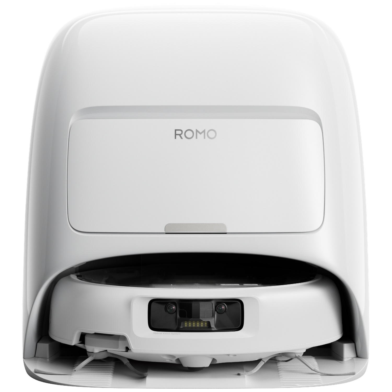 Un aspirateur robot blanc avec caméras et brosses se tient sur fond blanc.