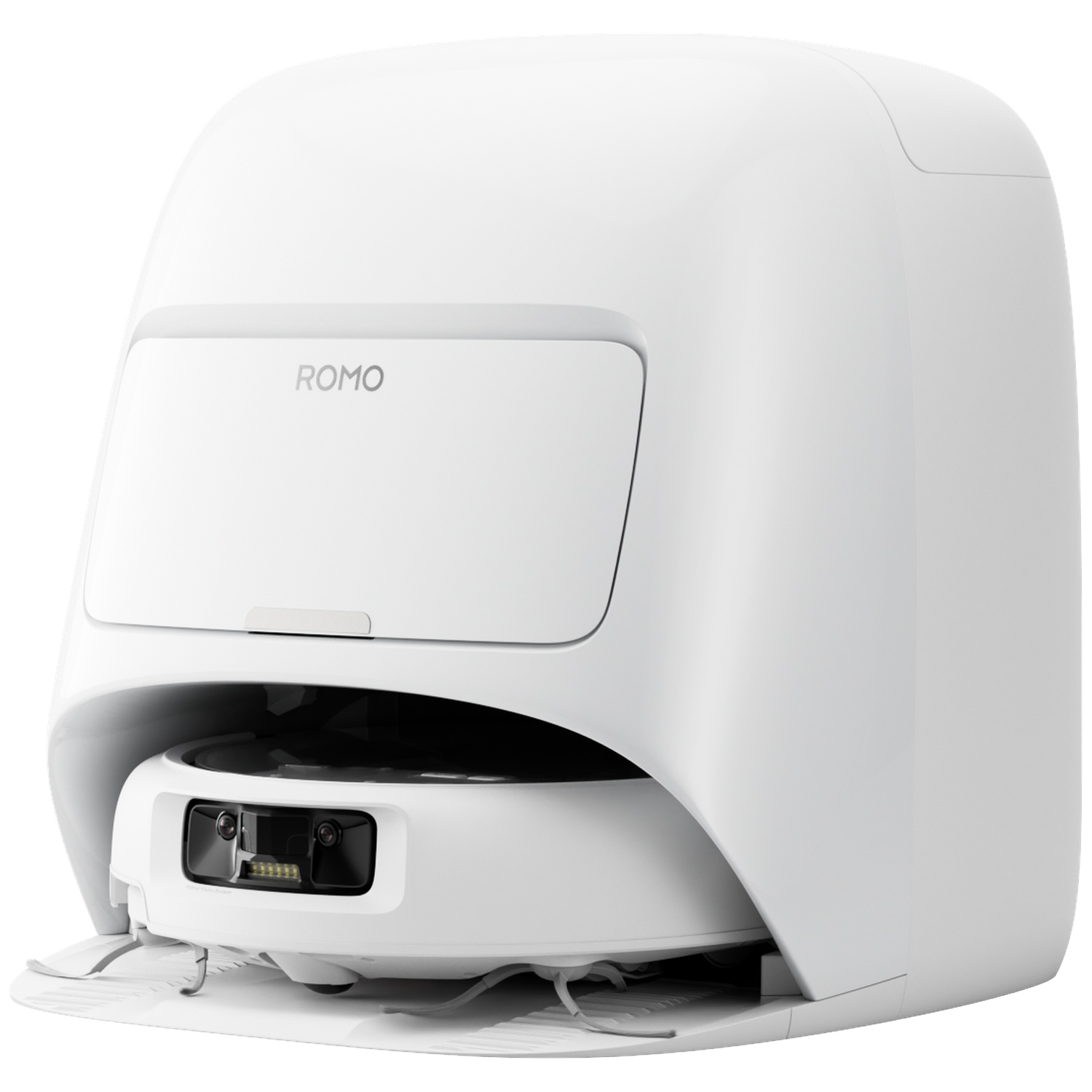 Un aspirateur robot blanc avec capteurs et caméras.