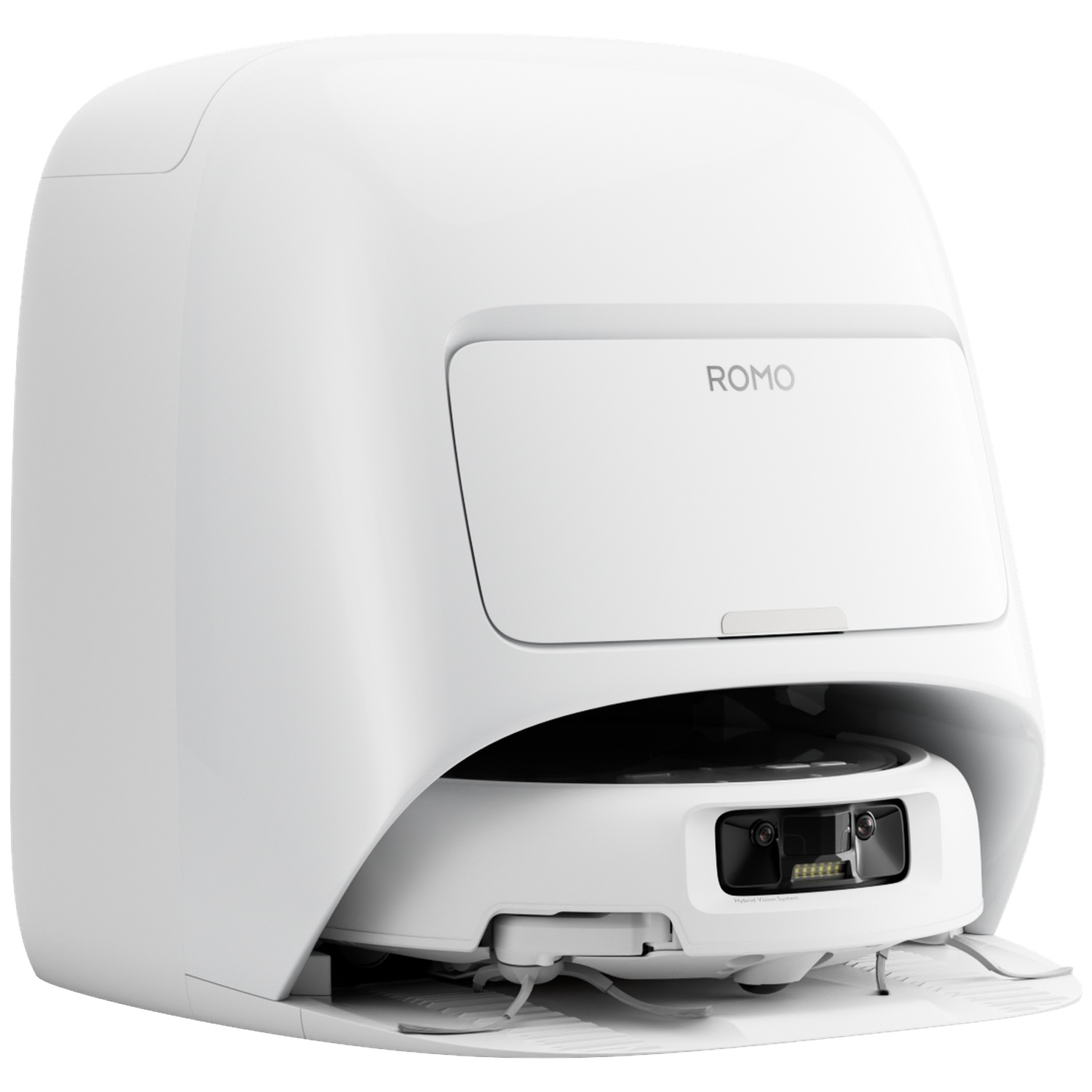 Un aspirateur robot blanc nommé ROMO, doté de caméras et de capteurs.