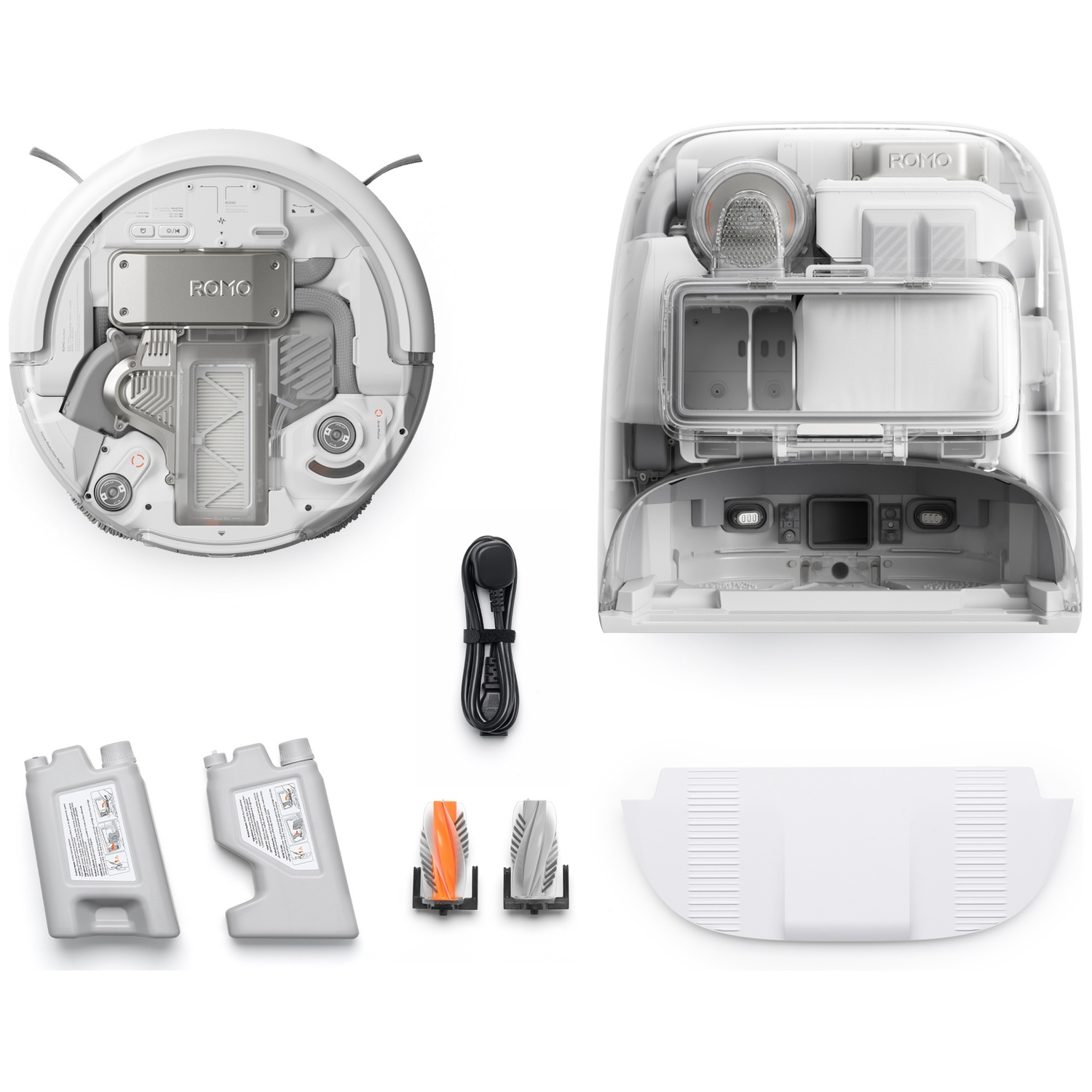 Robotstofzuiger set met open behuizing, oplaadkabel, twee reservoirs en borstels.