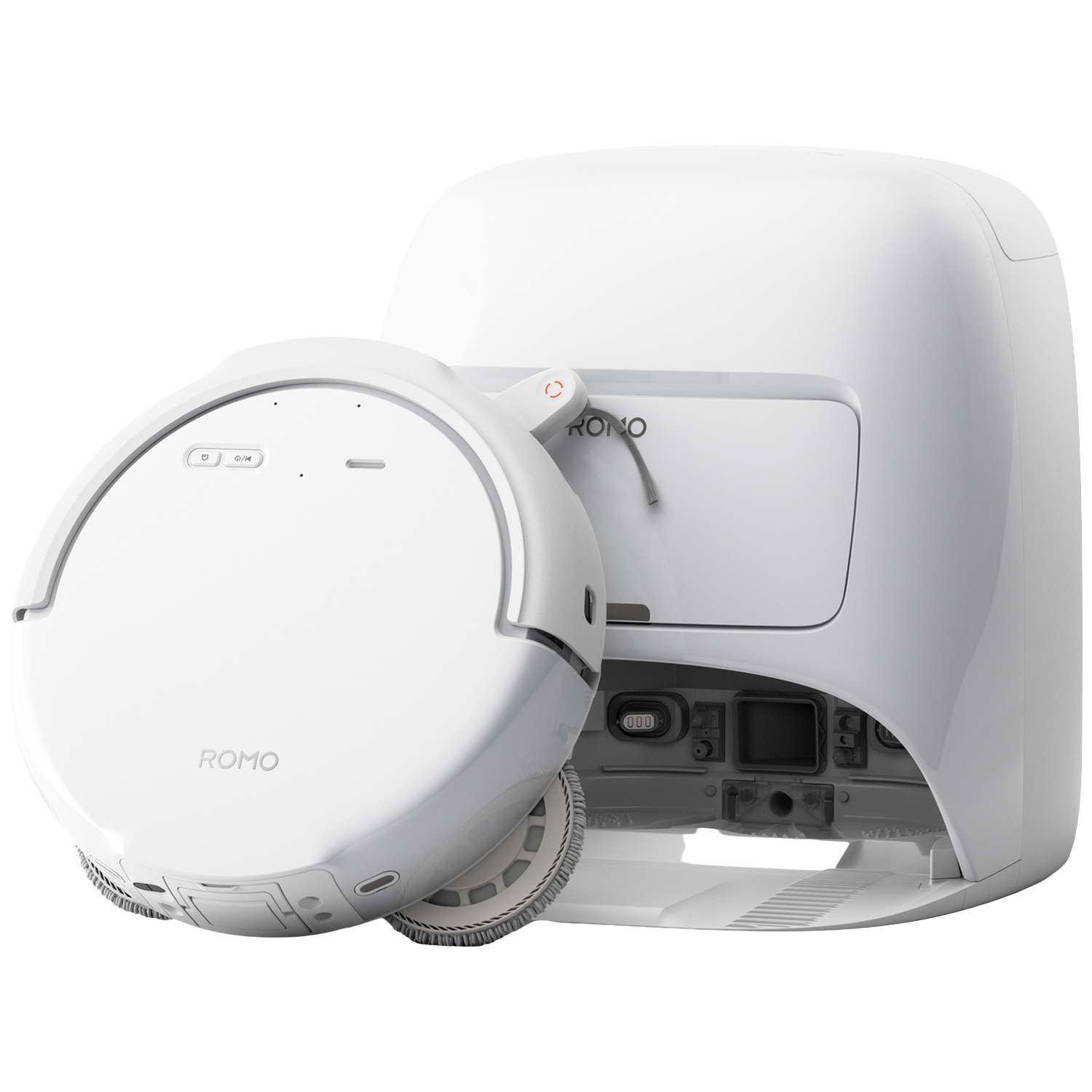 Un robot aspirateur blanc s'amarrer à sa station de charge blanche.