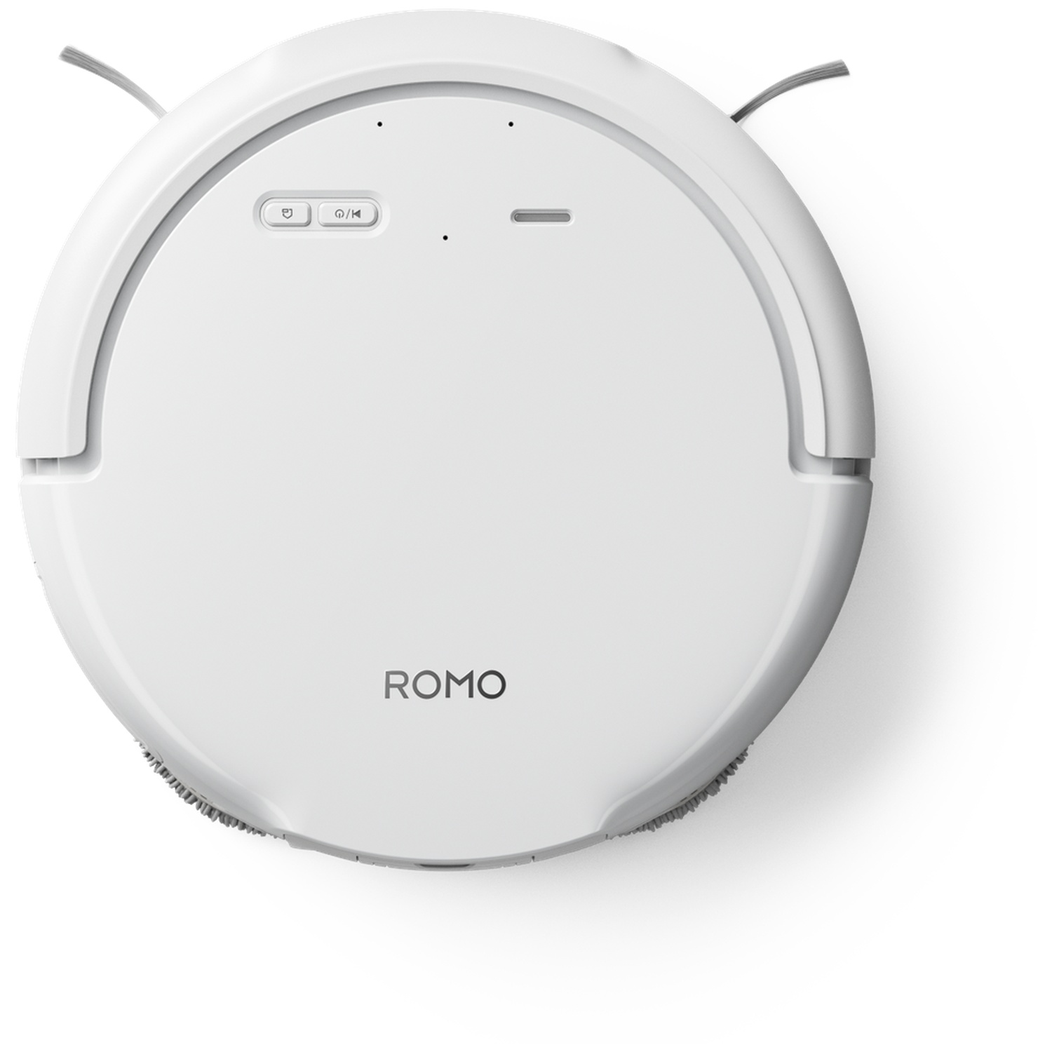 Aspirateur robot blanc avec logo ROMO et brosses de nettoyage.