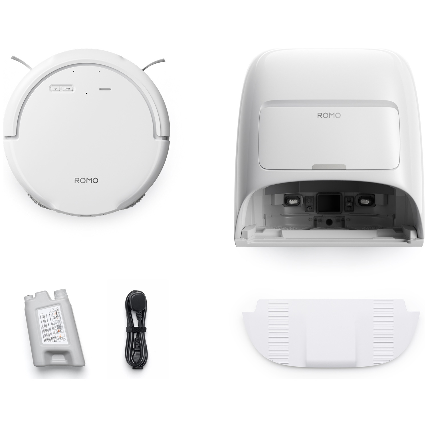 Aspirateur robot blanc avec station de charge, cordon d'alimentation et bouteille de solution.