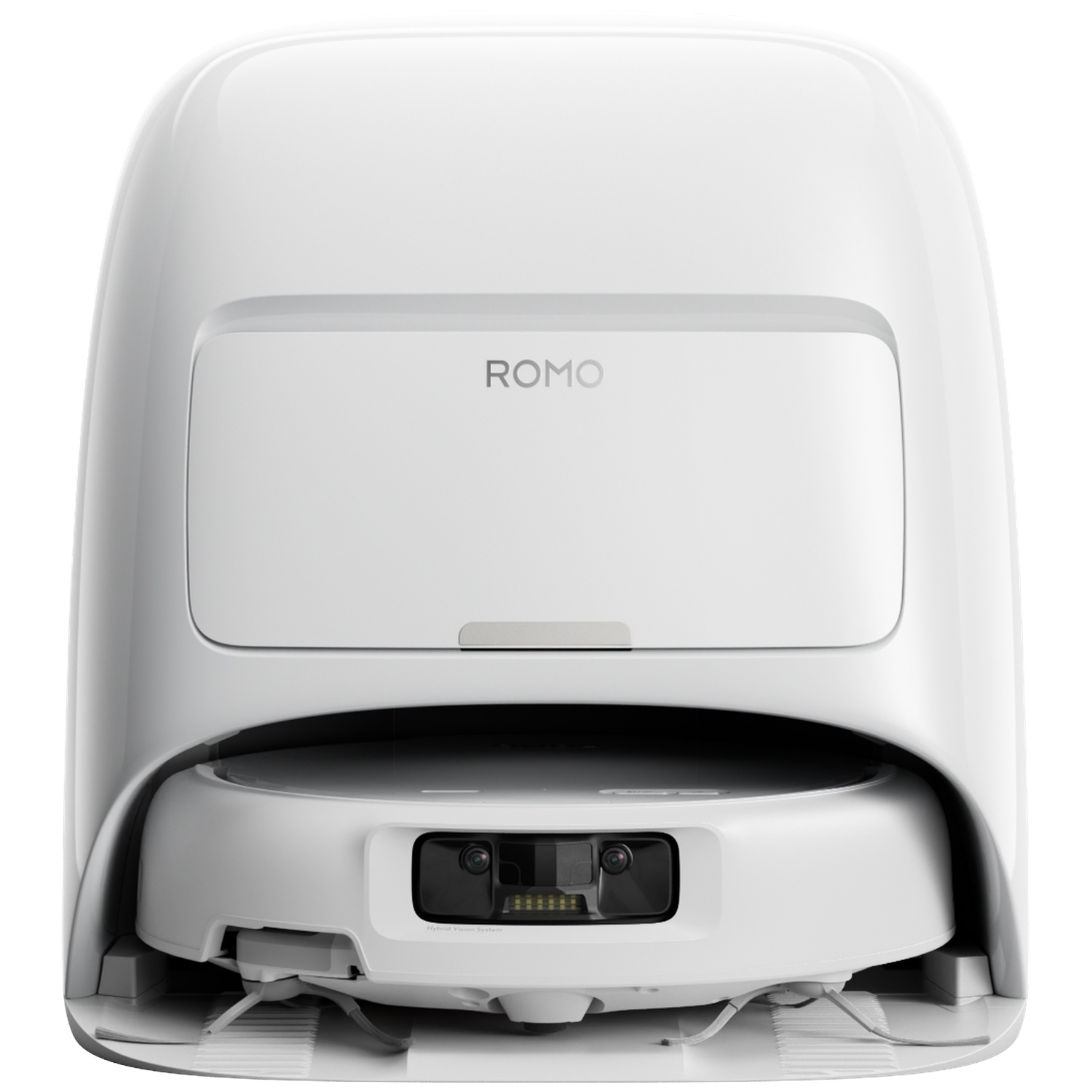 Un aspirateur robot blanc avec caméra et capteurs.