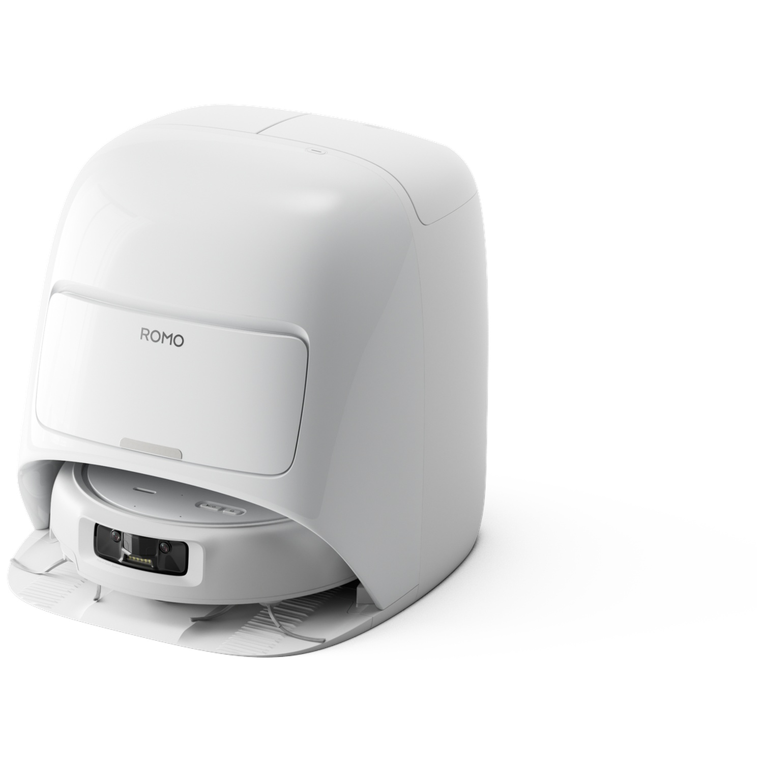 Aspirateur robot ROMO blanc sur sa base de chargement, capteurs visibles.