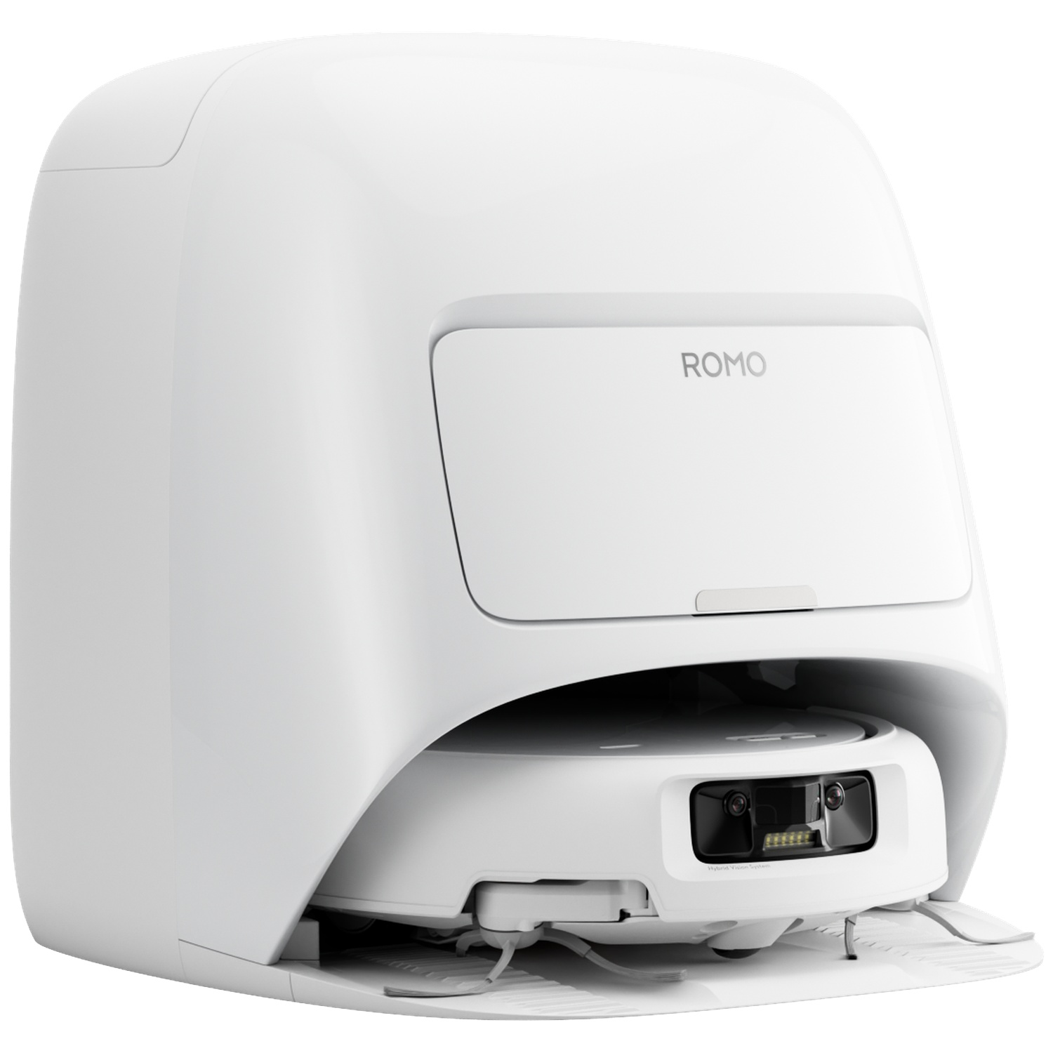 Un aspirateur robot blanc avec station de recharge et caméras frontales.
