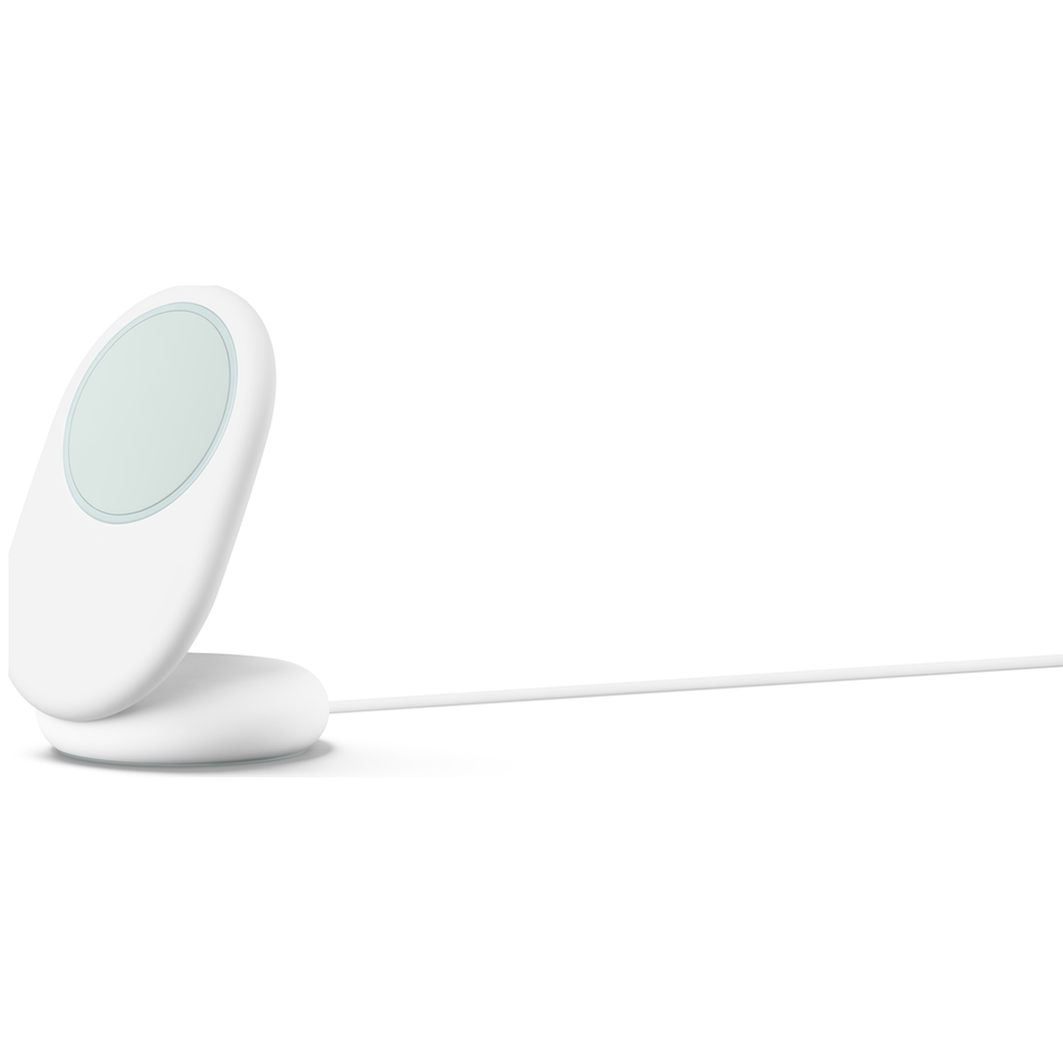 Chargeur sans fil blanc avec cercle bleu-vert et câble blanc.