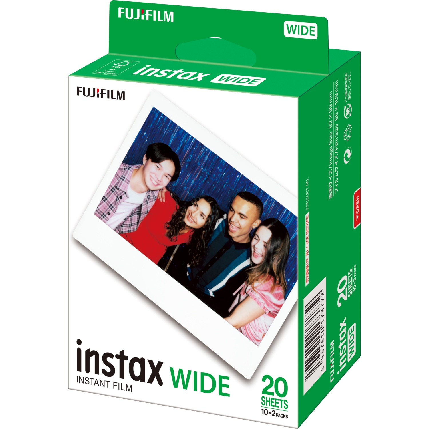 Fujifilm Instax Wide instant film verpakking met vier lachende jonge mensen.